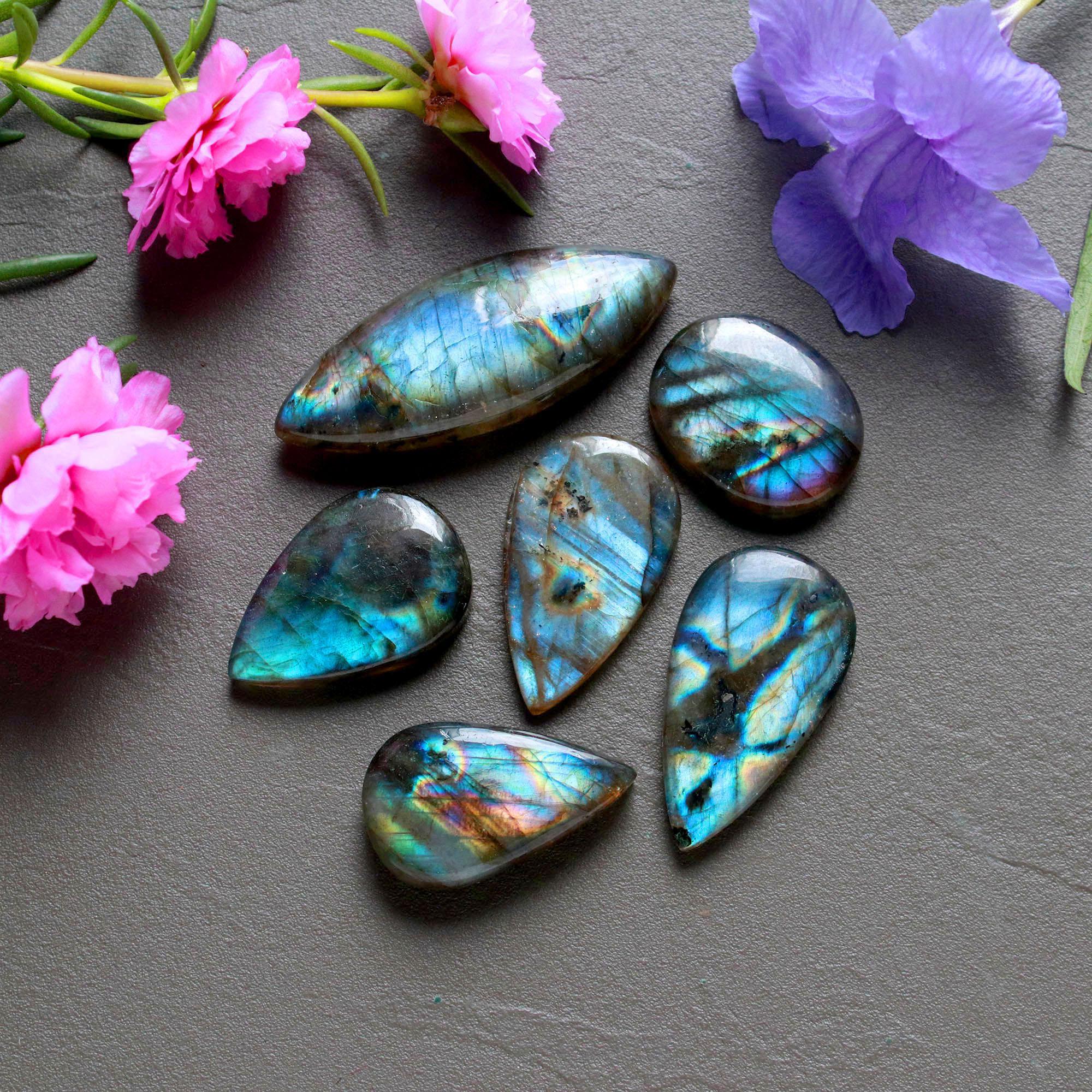 6Pcs 160Ct Natural Labradorite Cabochon Loose Gemstone Lot Mixed Shapes Sizes Healing Crystal For Jewelry Making 45x15 22x16mm 16524