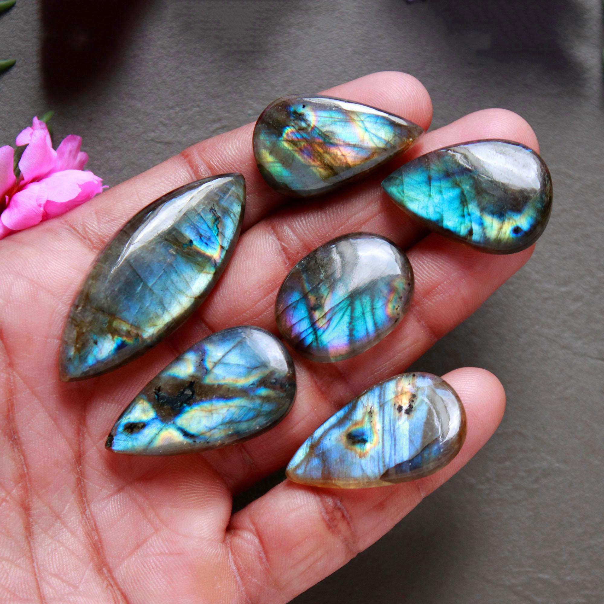 6Pcs 160Ct Natural Labradorite Cabochon Loose Gemstone Lot Mixed Shapes Sizes Healing Crystal For Jewelry Making 45x15 22x16mm 16524