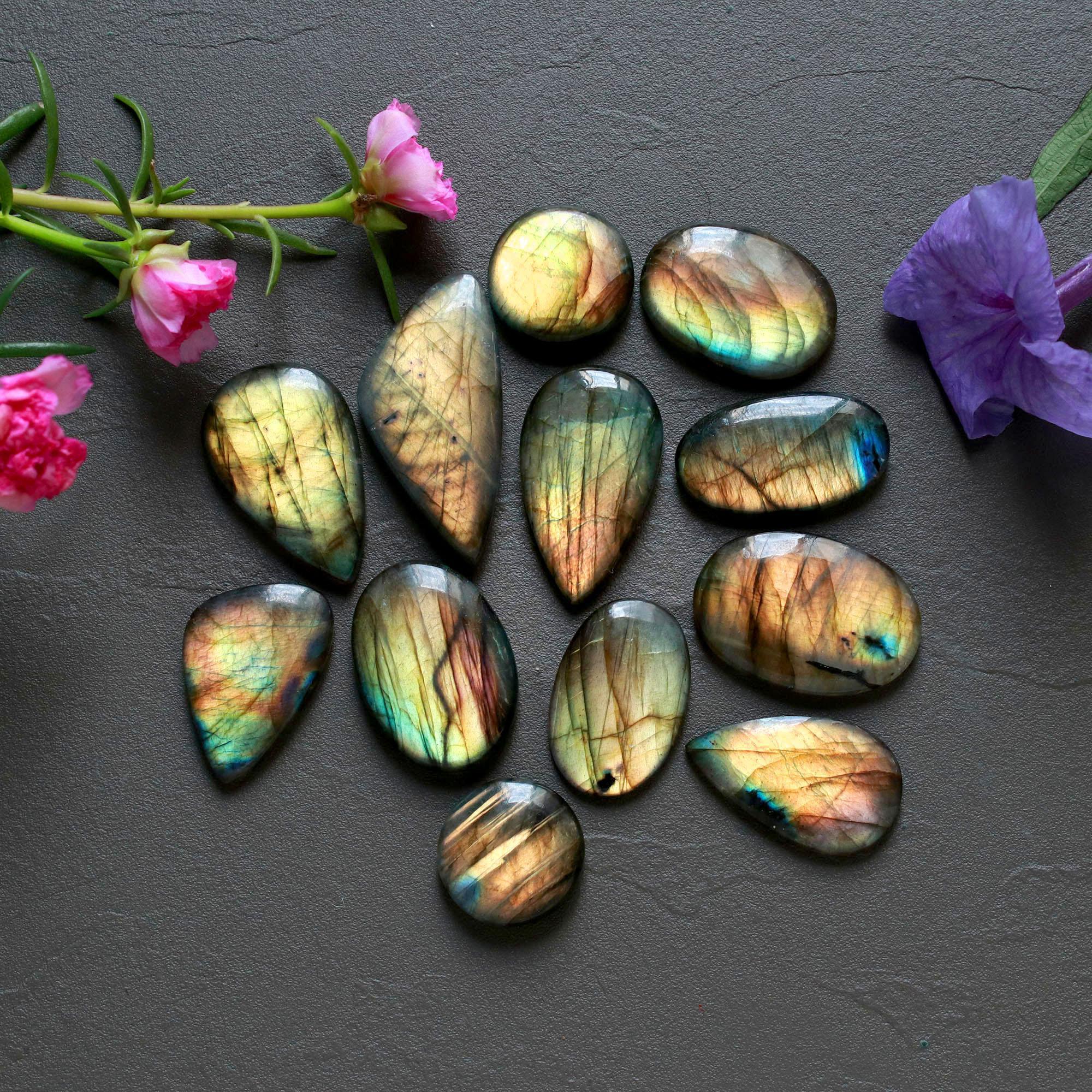 12Pcs 232Ct Natural Labradorite Cabochon Loose Gemstone Lot Mixed Shapes Sizes Healing Crystal For Jewelry Making 35x15 15x15mm 16528