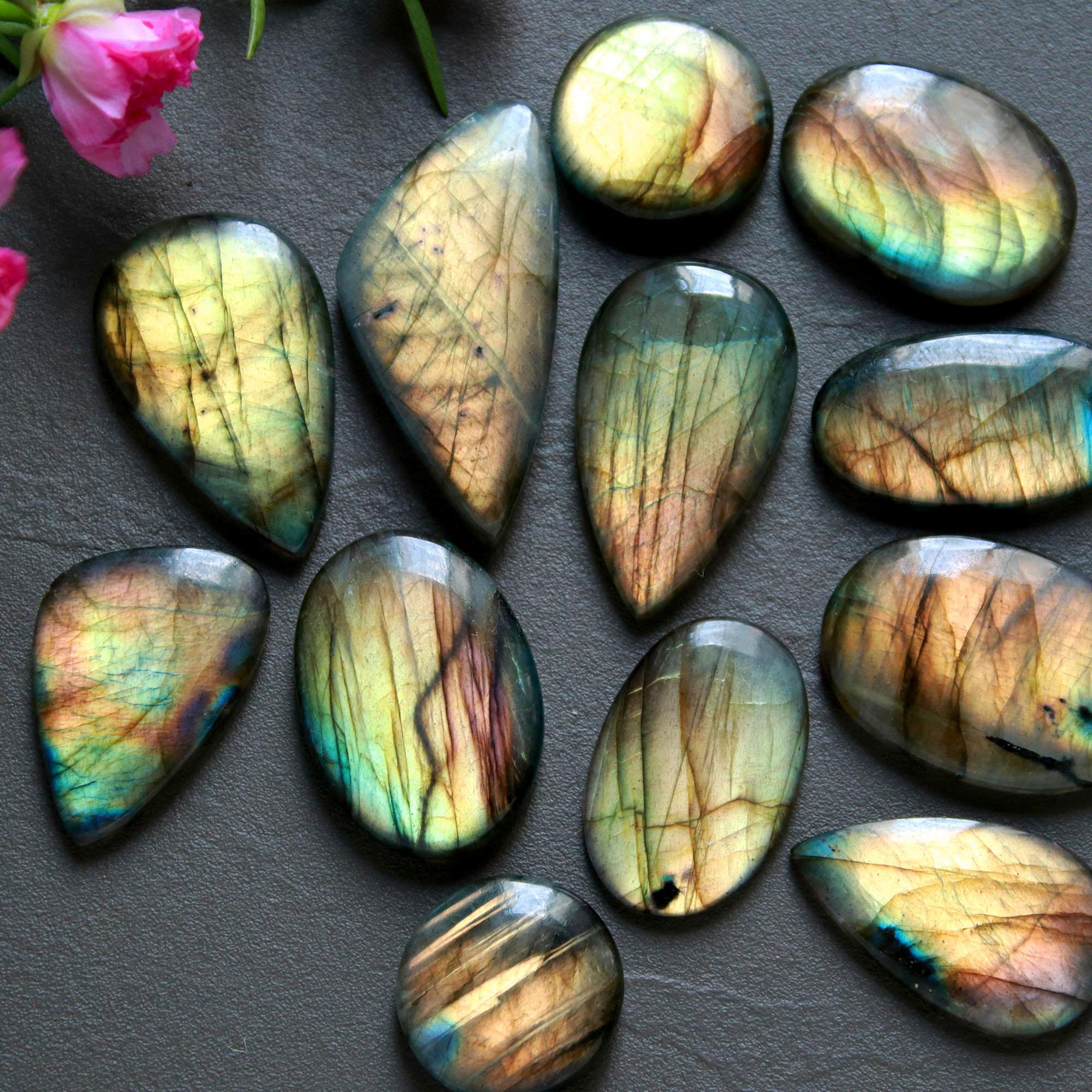 12Pcs 232Ct Natural Labradorite Cabochon Loose Gemstone Lot Mixed Shapes Sizes Healing Crystal For Jewelry Making 35x15 15x15mm 16528