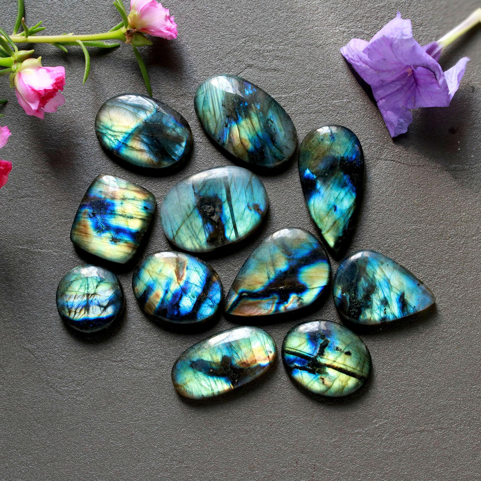 11Pcs 221Ct Natural Labradorite Cabochon Loose Gemstone Lot Mixed Shapes Sizes Healing Crystal For Jewelry Making 30x15 15x15mm 16529