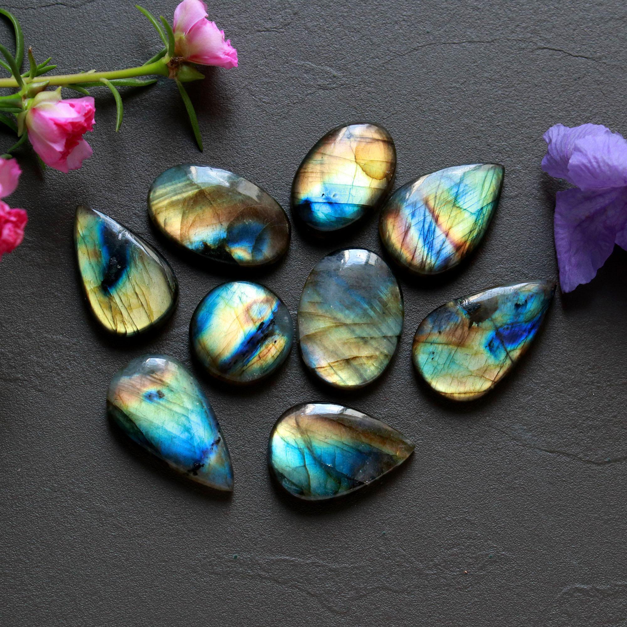 9Pcs 182Ct Natural Labradorite Cabochon Loose Gemstone Lot Mixed Shapes Sizes Healing Crystal For Jewelry Making 29x14 16x16mm 16530