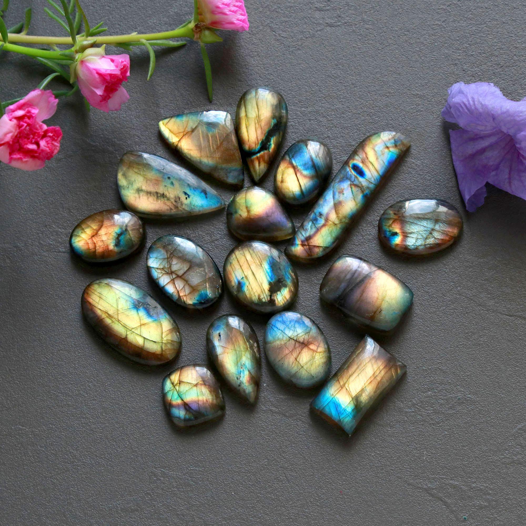 16Pcs 184Ct Natural Labradorite Cabochon Loose Gemstone Lot Mixed Shapes Sizes Healing Crystal For Jewelry Making 36x8 12x11mm 16532