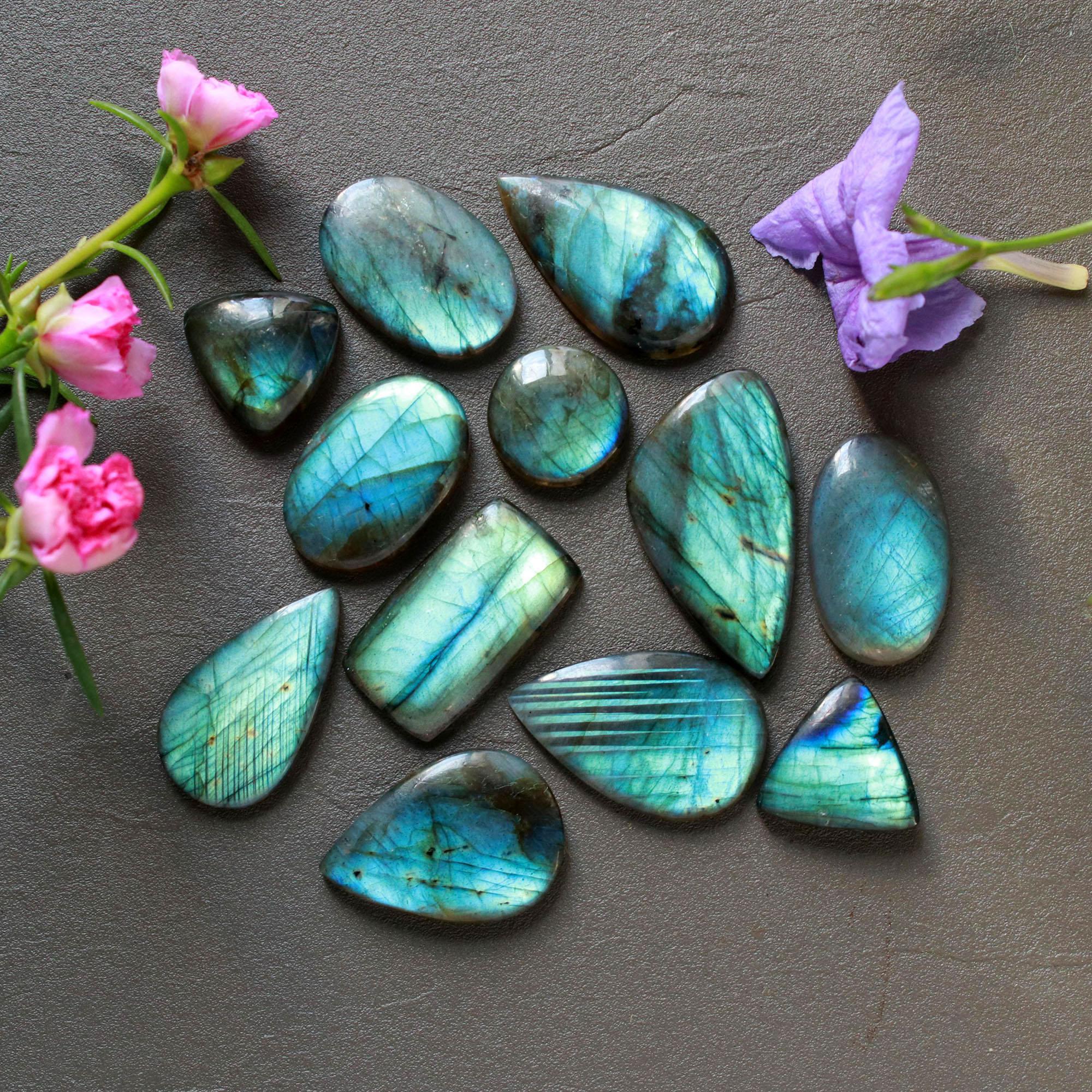 12Pcs 207Ct Natural Labradorite Cabochon Loose Gemstone Lot Mixed Shapes Sizes Healing Crystal For Jewelry Making 35x18 14x14mm 16533