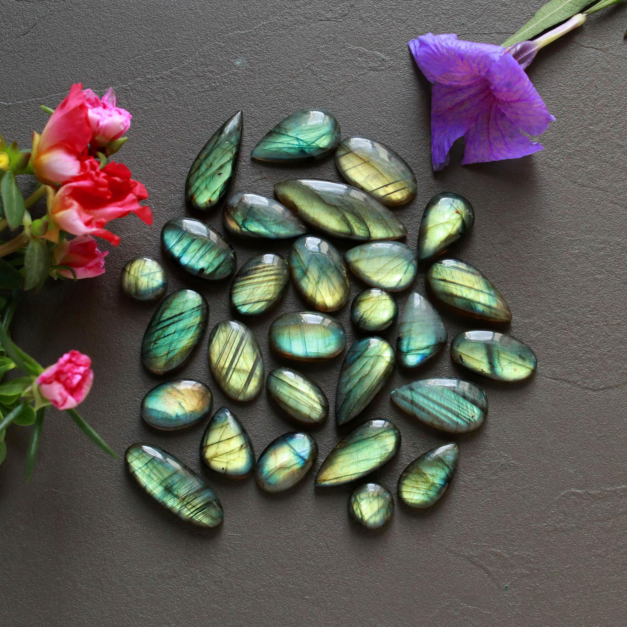 28Pcs 230Ct Natural Labradorite Cabochon Loose Gemstone Lot Mixed Shapes Sizes Healing Crystal For Jewelry Making 30x10 9x9mm 16538