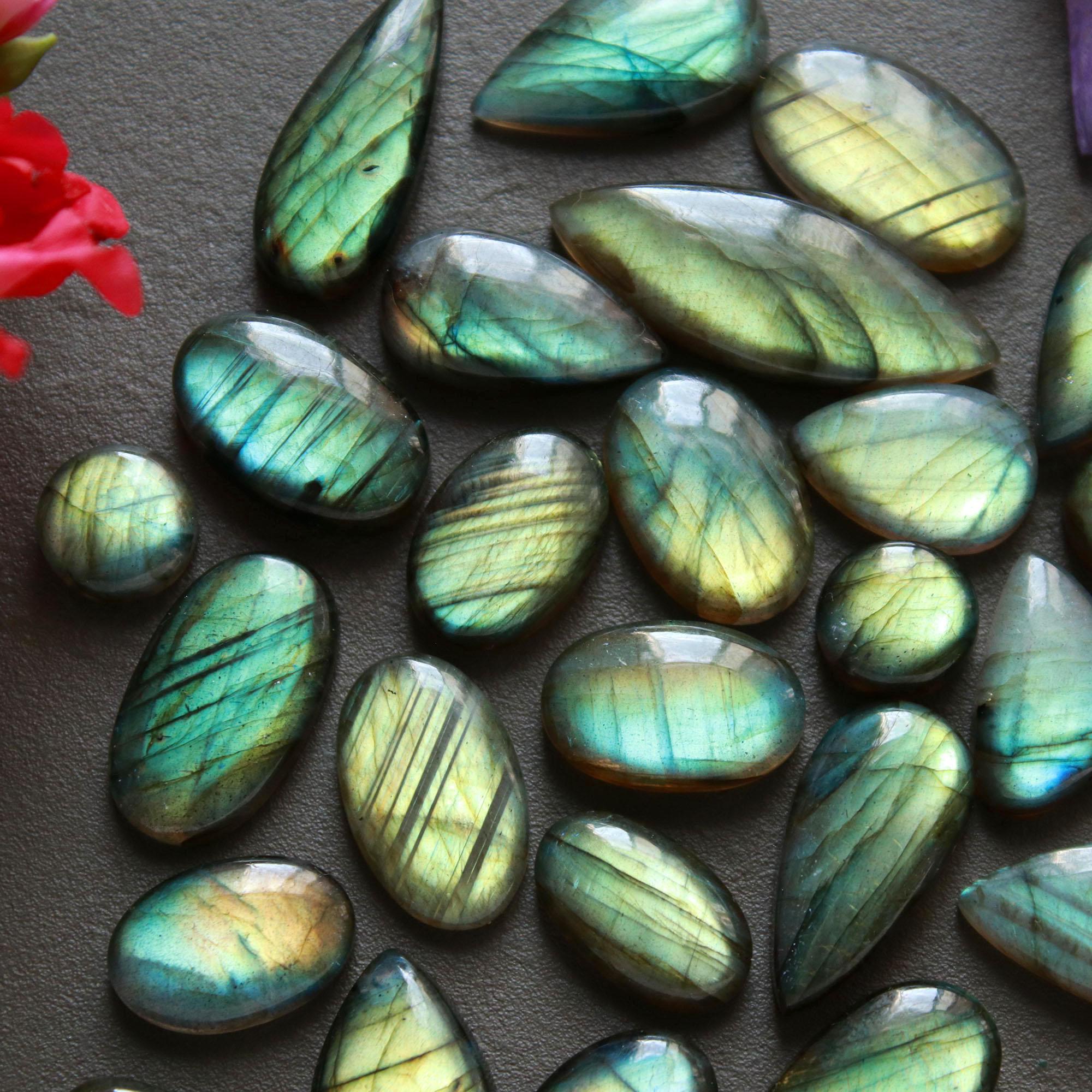 28Pcs 230Ct Natural Labradorite Cabochon Loose Gemstone Lot Mixed Shapes Sizes Healing Crystal For Jewelry Making 30x10 9x9mm 16538
