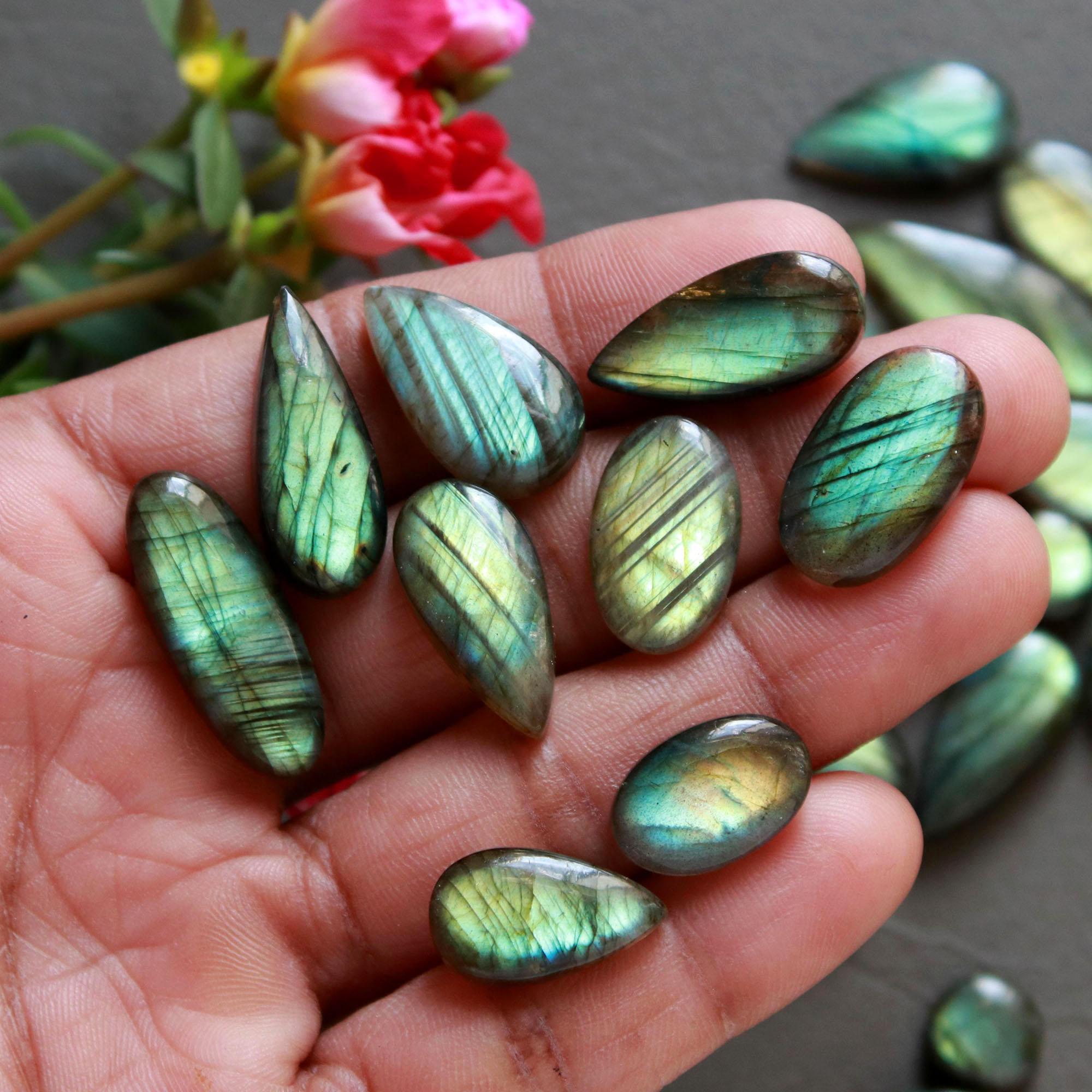 28Pcs 230Ct Natural Labradorite Cabochon Loose Gemstone Lot Mixed Shapes Sizes Healing Crystal For Jewelry Making 30x10 9x9mm 16538