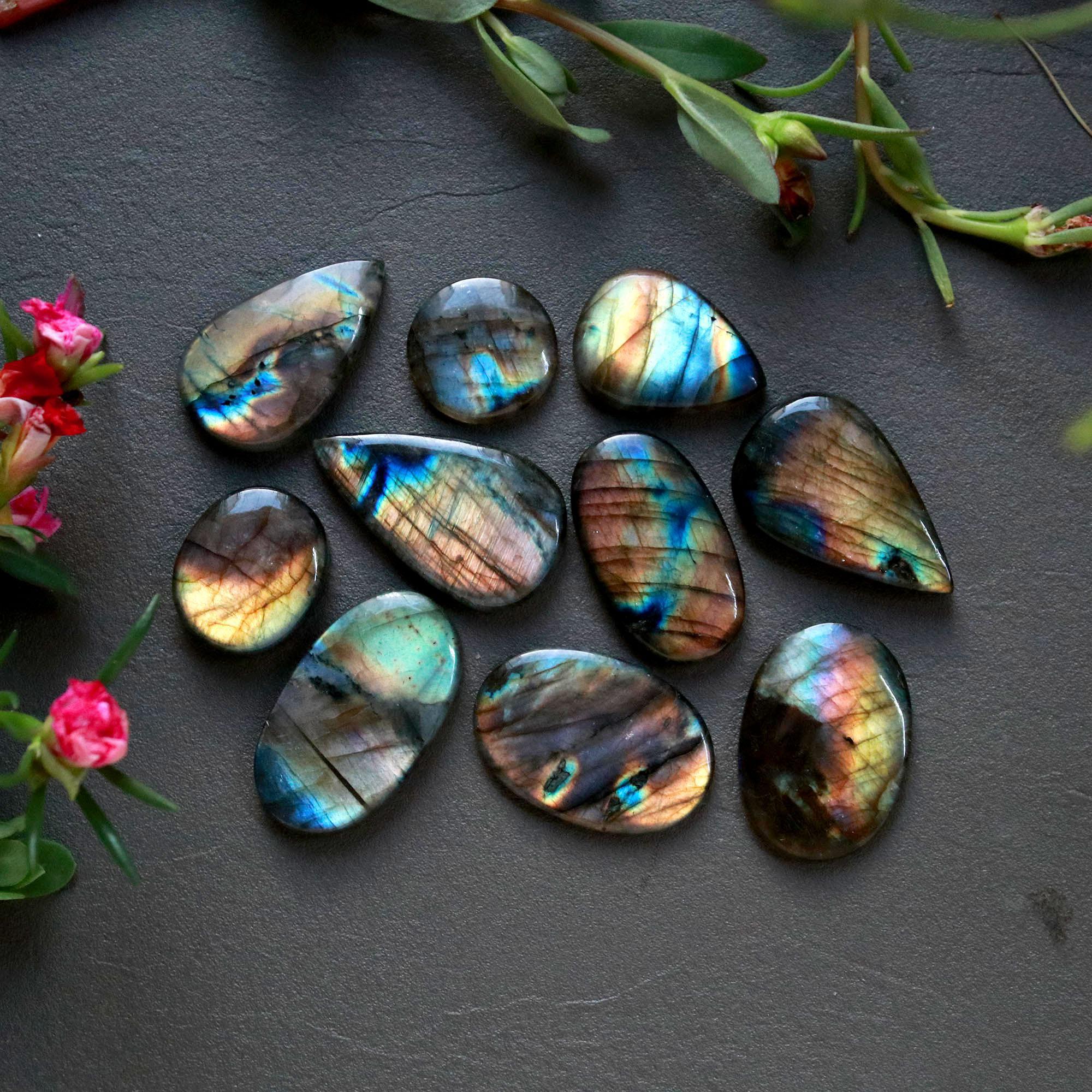 10Pcs 203Ct Natural Labradorite Cabochon Loose Gemstone Lot Craft Supplies For Silver Jewelry Making For Women 30x17 16x16mm 16547