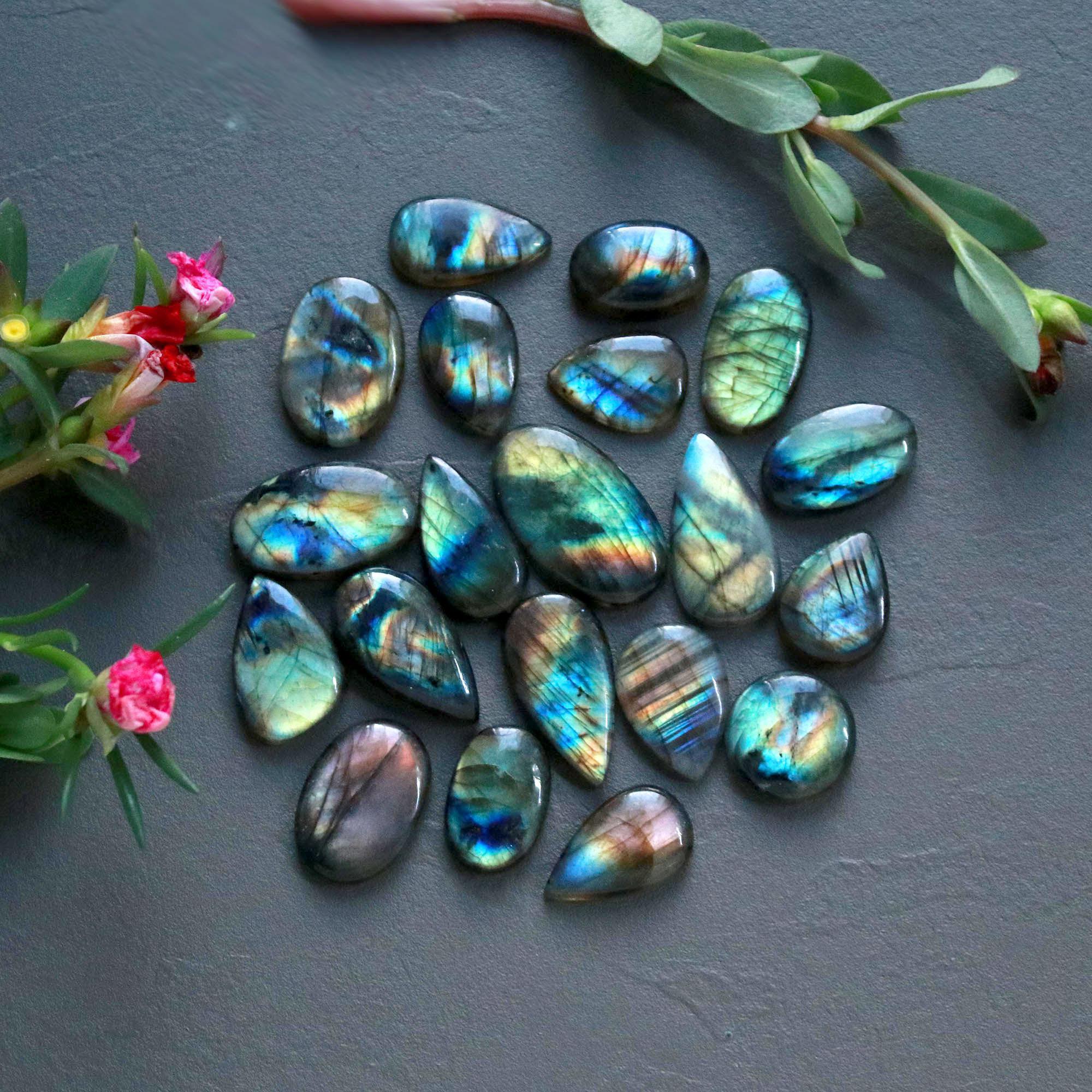 20Pcs 209Ct Natural Labradorite Cabochon Loose Gemstone Lot Craft Supplies For Silver Jewelry Making For Women 25x14 15x10mm 16548