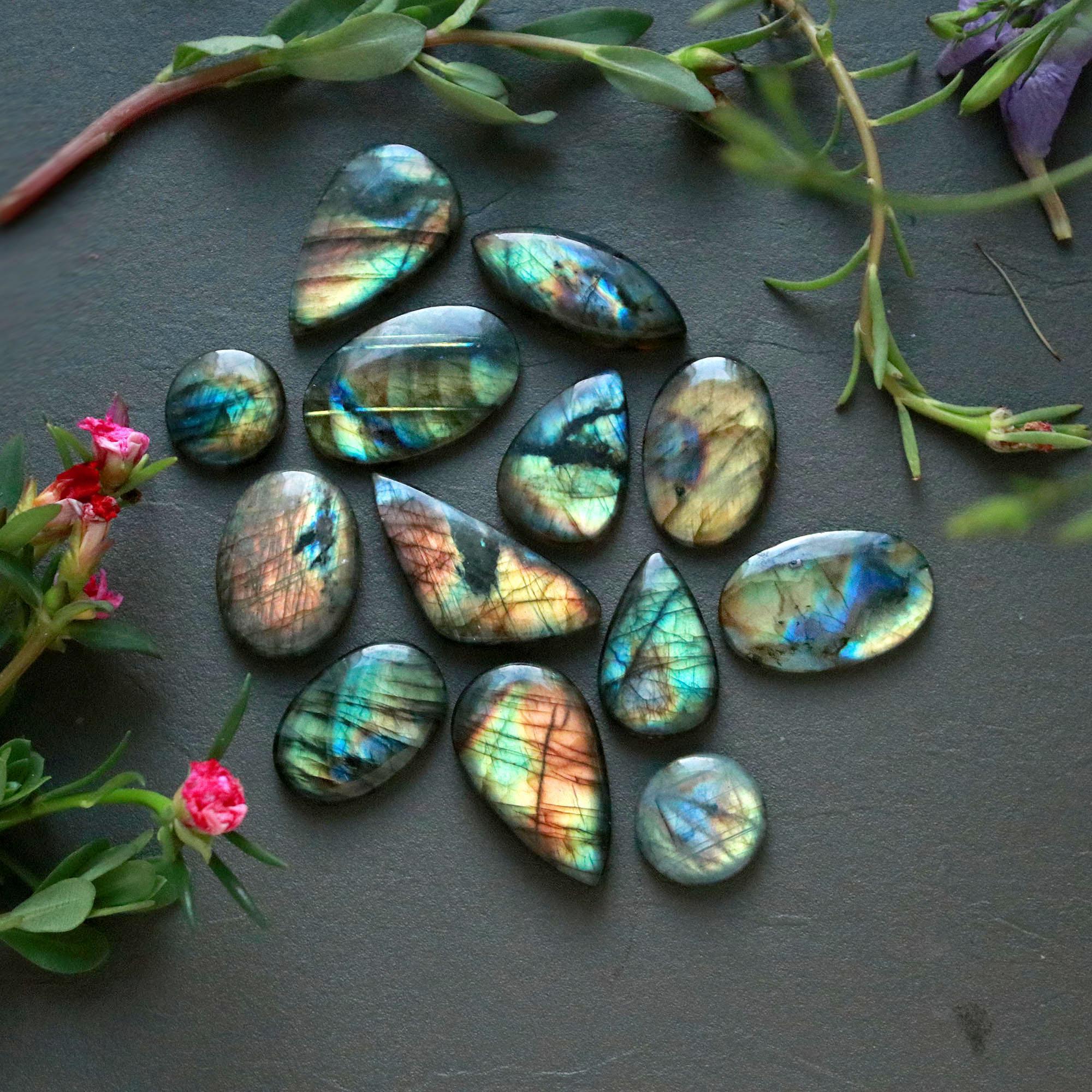 13Pcs 282Ct Natural Labradorite Cabochon Loose Gemstone Lot Craft Supplies For Silver Jewelry Making For Women 35x15 15x15mm 16549