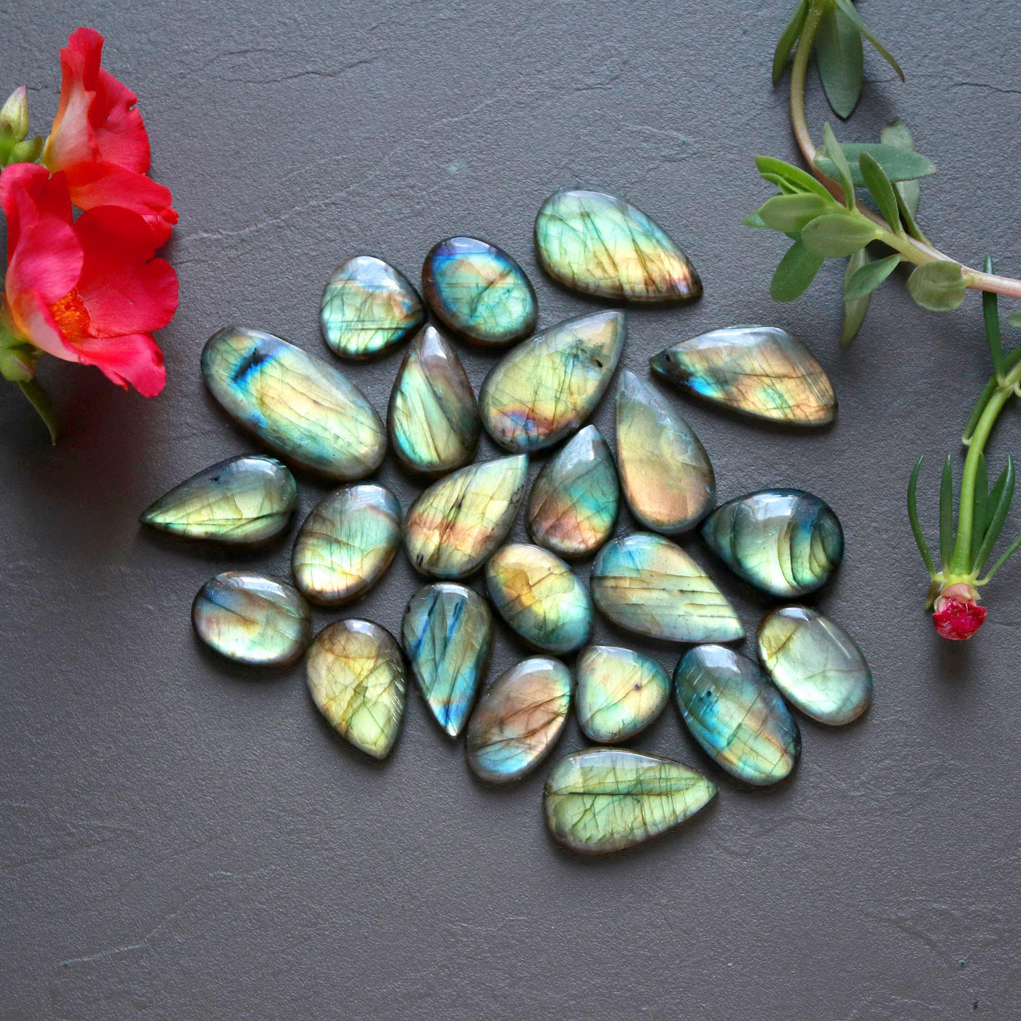23Pcs 247Ct Natural Labradorite Cabochon Loose Gemstone Lot Craft Supplies For Silver Jewelry Making For Women 29x13 12x12mm 16552