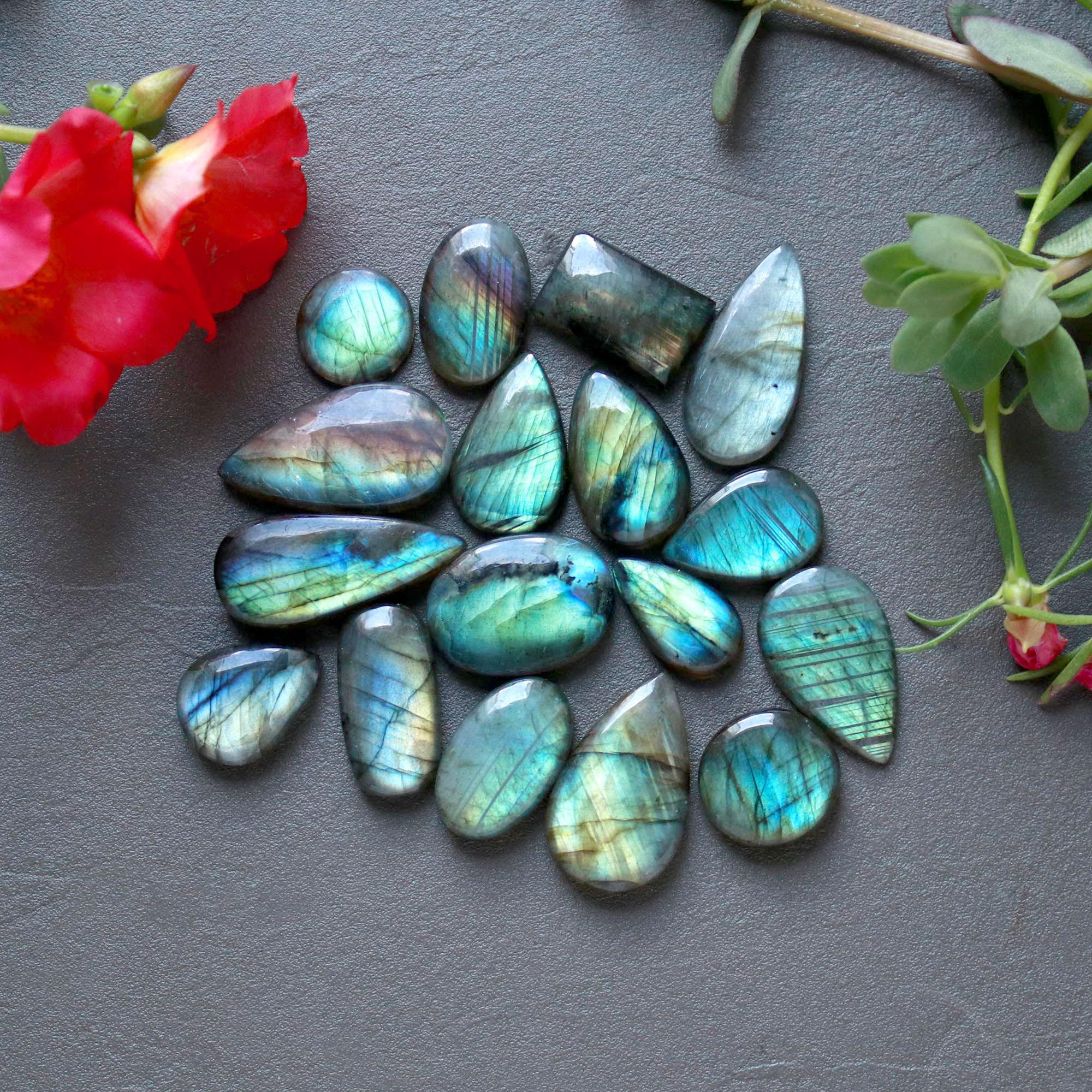 17Pcs 192Ct Natural Labradorite Cabochon Loose Gemstone Lot Craft Supplies For Silver Jewelry Making For Women 26x15 15x11mm 16553