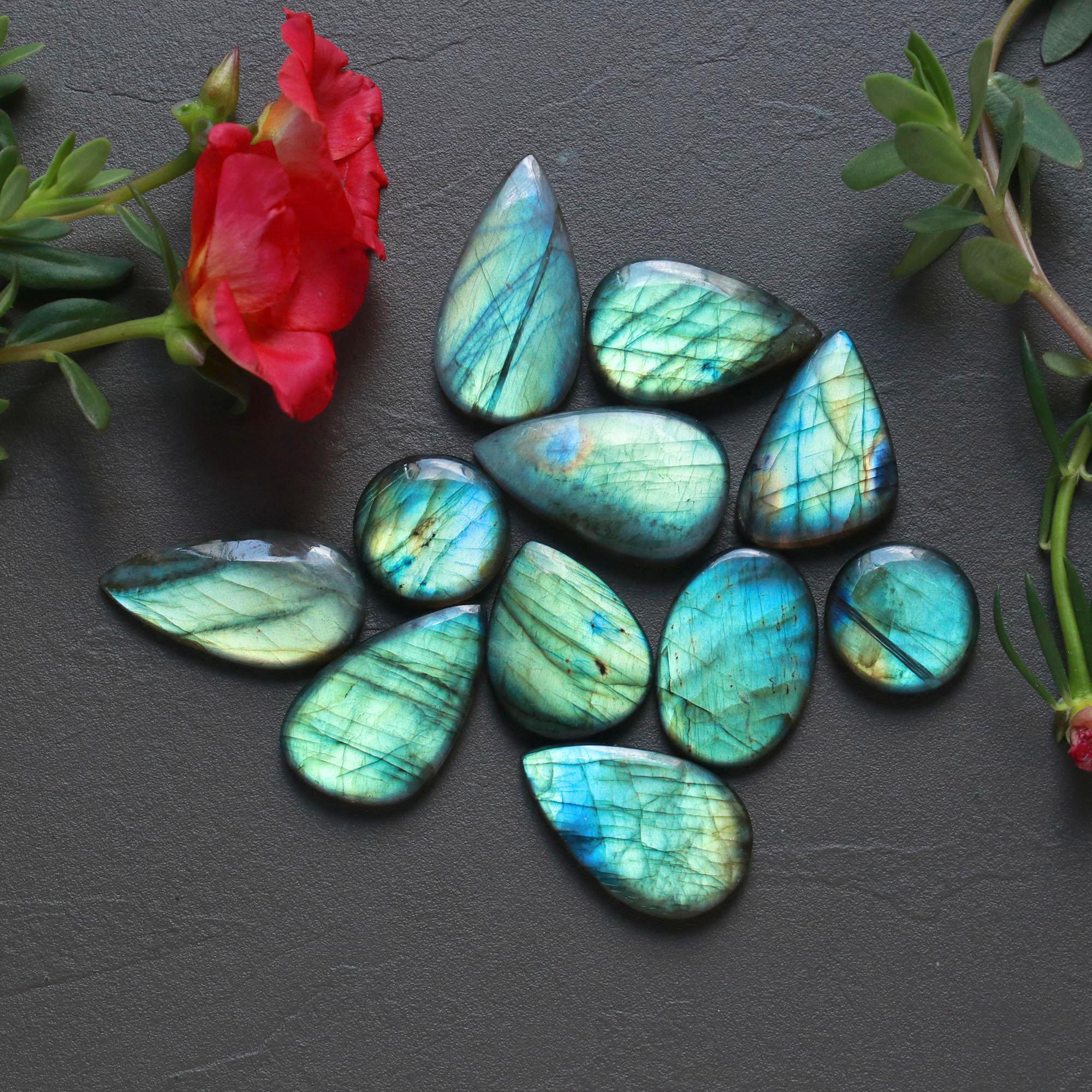 11Pcs 222Ct Natural Labradorite Cabochon Loose Gemstone Lot Craft Supplies For Silver Jewelry Making For Women 33x16 17x17mm 16554