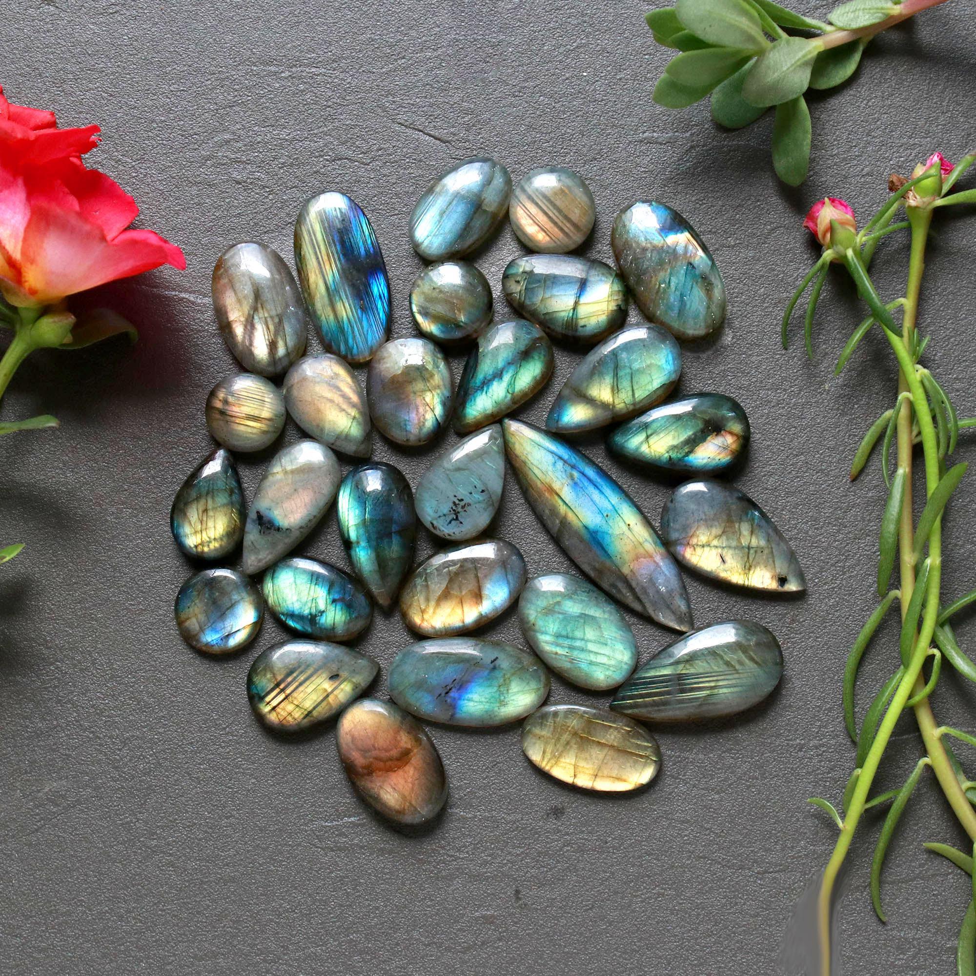 28Pcs 193Ct Natural Labradorite Cabochon Loose Gemstone Lot Craft Supplies For Silver Jewelry Making For Women 35x10 9x9mm 16557