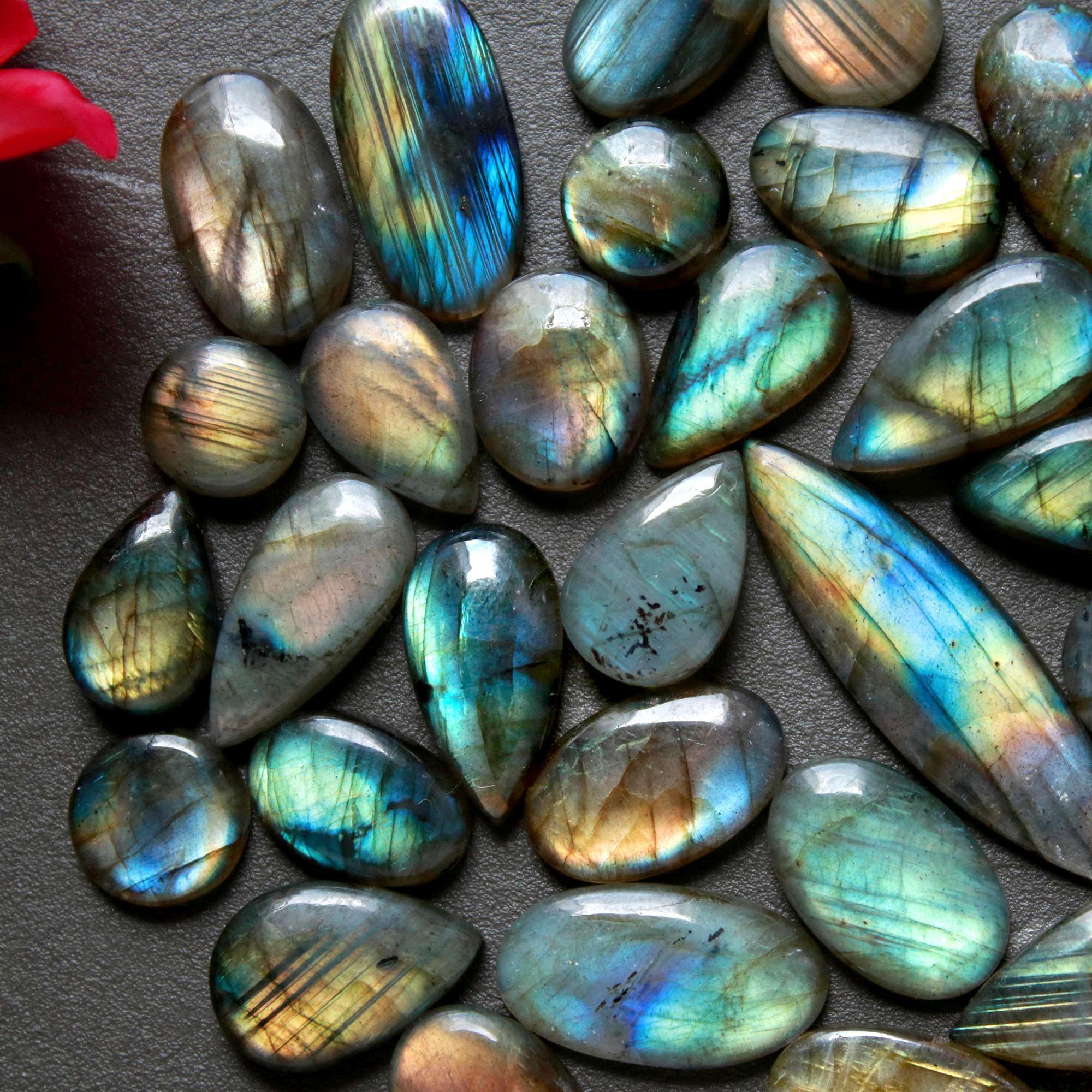 28Pcs 193Ct Natural Labradorite Cabochon Loose Gemstone Lot Craft Supplies For Silver Jewelry Making For Women 35x10 9x9mm 16557