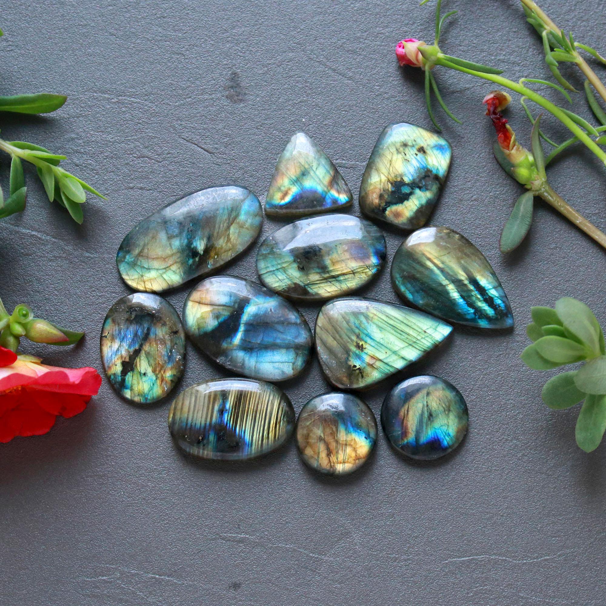 11Pcs 182Ct Natural Labradorite Cabochon Loose Gemstone Lot Craft Supplies For Silver Jewelry Making For Women 30x15 15x15mm 16559