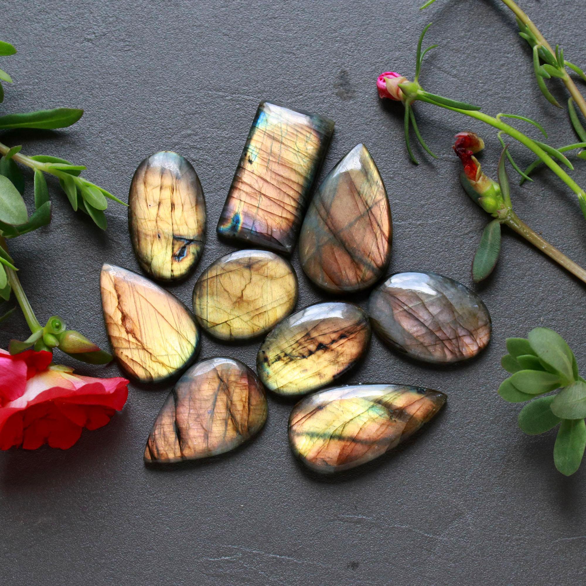 9Pcs 200Ct Natural Labradorite Cabochon Loose Gemstone Lot Craft Supplies For Silver Jewelry Making For Women 33x15 22x17mm 16561