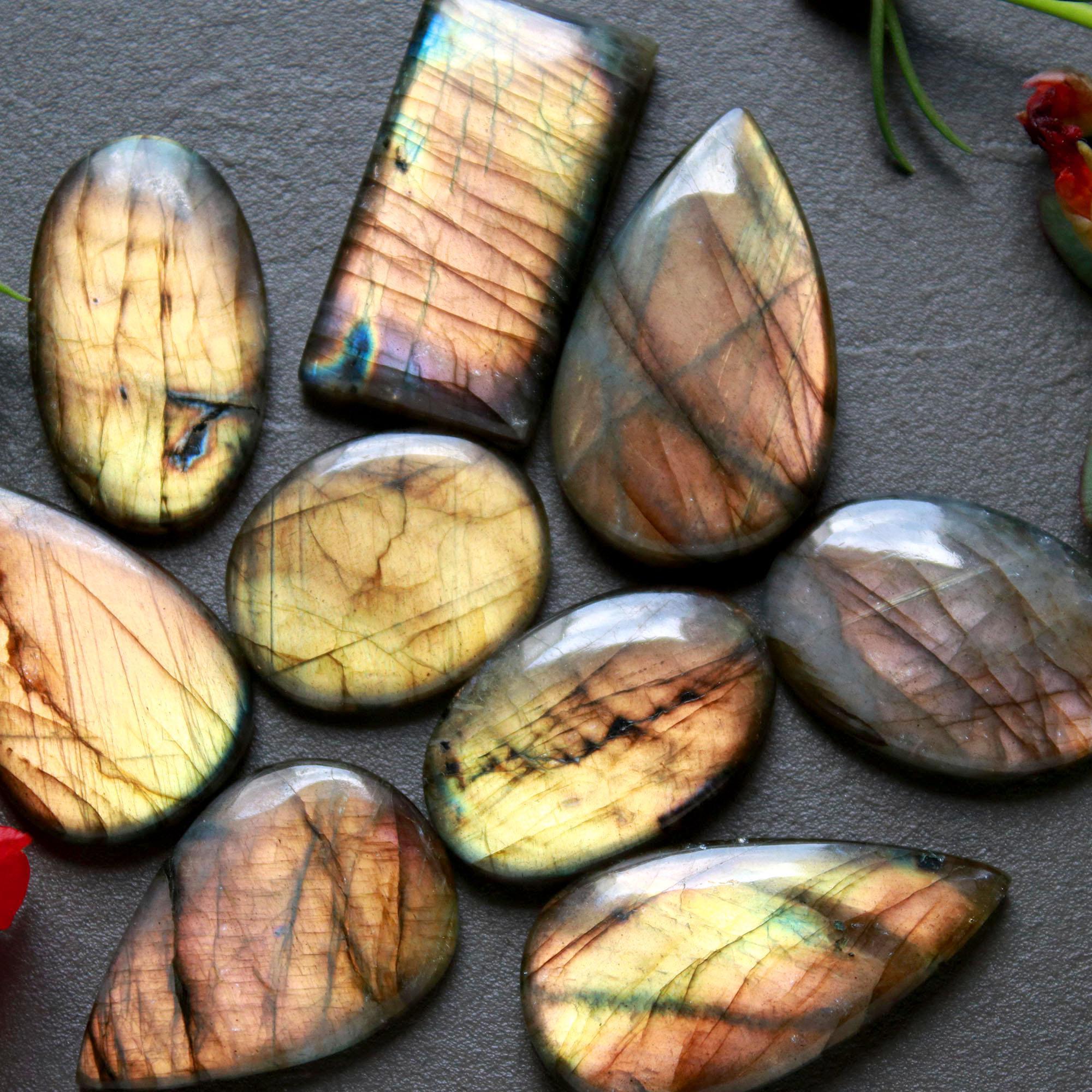 9Pcs 200Ct Natural Labradorite Cabochon Loose Gemstone Lot Craft Supplies For Silver Jewelry Making For Women 33x15 22x17mm 16561