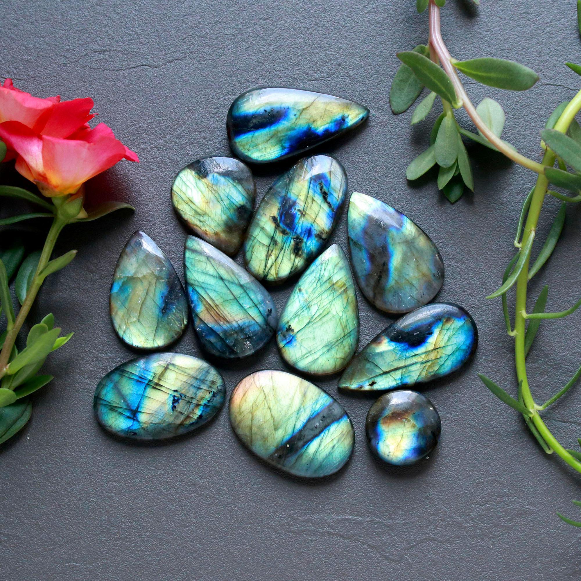 11Pcs 218Ct Natural Labradorite Cabochon Loose Gemstone Lot Craft Supplies For Silver Jewelry Making For Women 30x15 15x15mm 16564