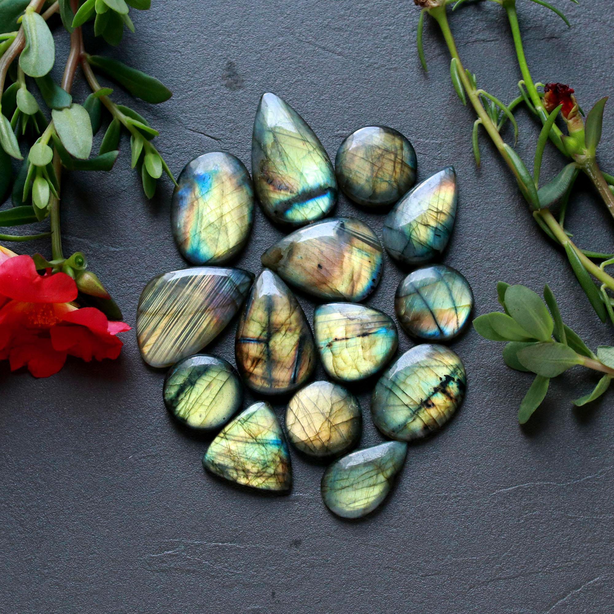 14Pcs 205Ct Natural Labradorite Cabochon Loose Gemstone Lot Craft Supplies For Silver Jewelry Making For Women 30x15 15x15mm 16565