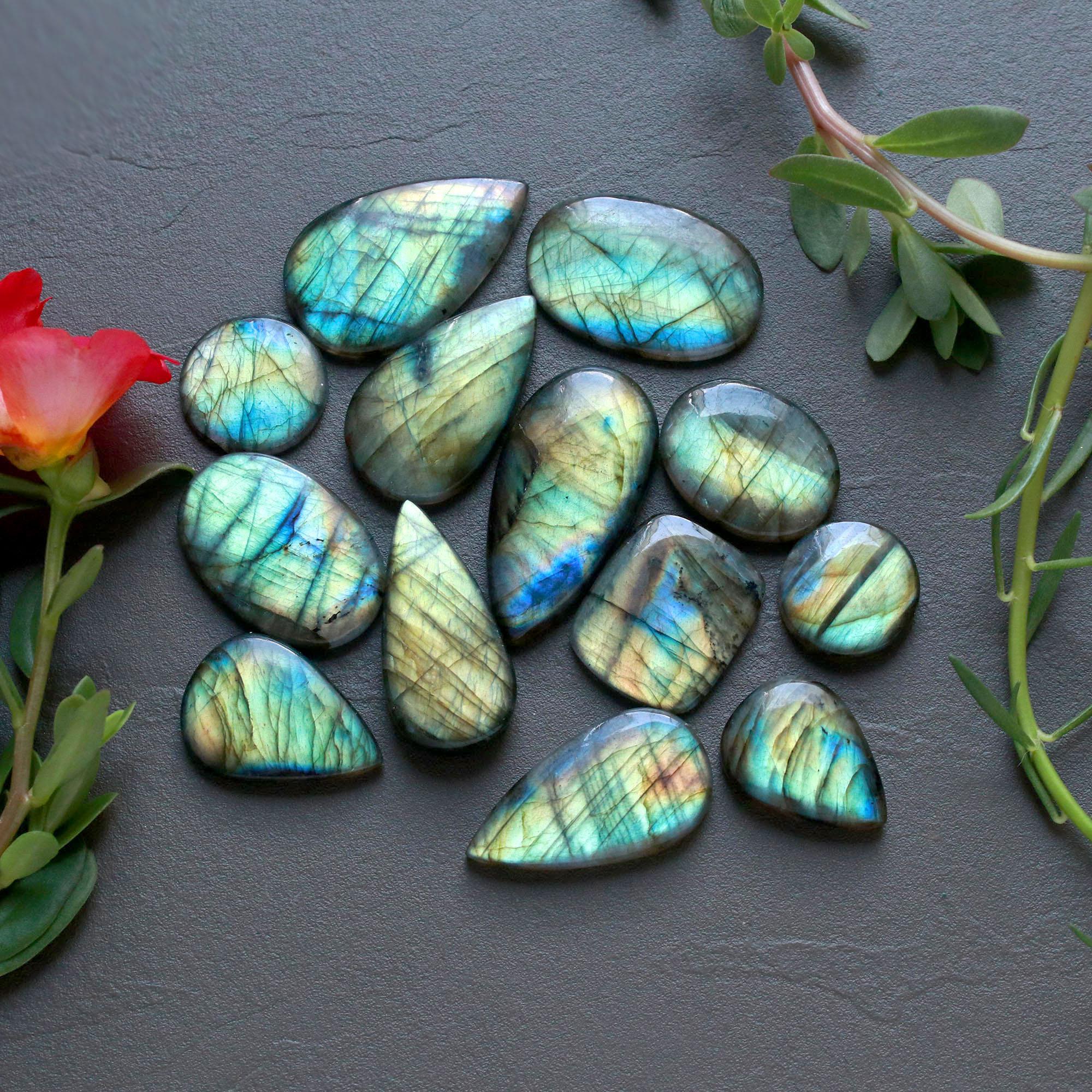 12Pcs 243Ct Natural Labradorite Cabochon Loose Gemstone Lot Craft Supplies For Silver Jewelry Making For Women 35x16 15x15mm 16566