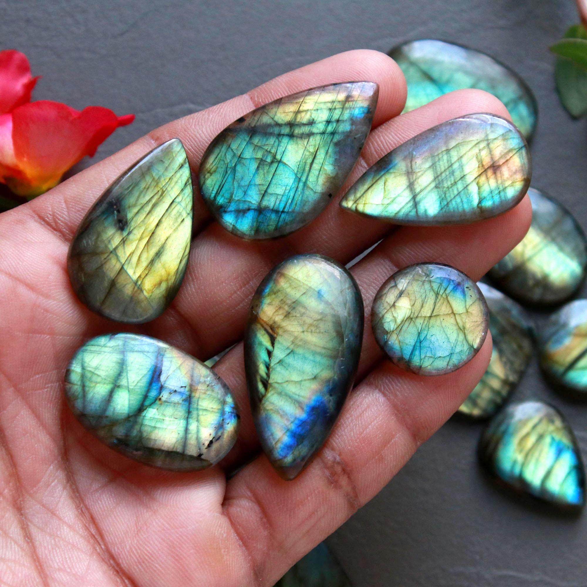 12Pcs 243Ct Natural Labradorite Cabochon Loose Gemstone Lot Craft Supplies For Silver Jewelry Making For Women 35x16 15x15mm 16566