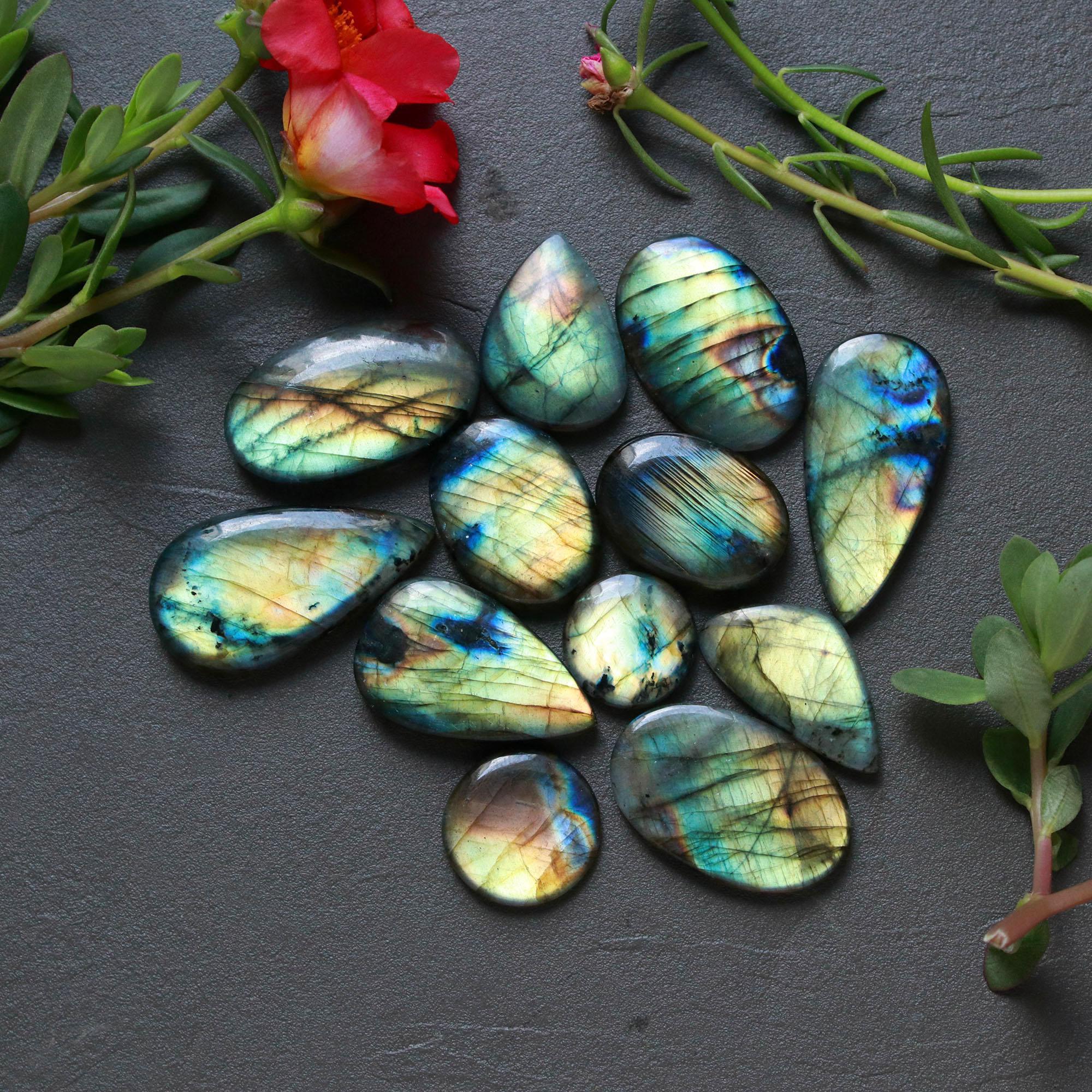 12Pcs 240Ct Natural Labradorite Cabochon Loose Gemstone Lot Craft Supplies For Silver Jewelry Making For Women 34x18 14x14mm 16567