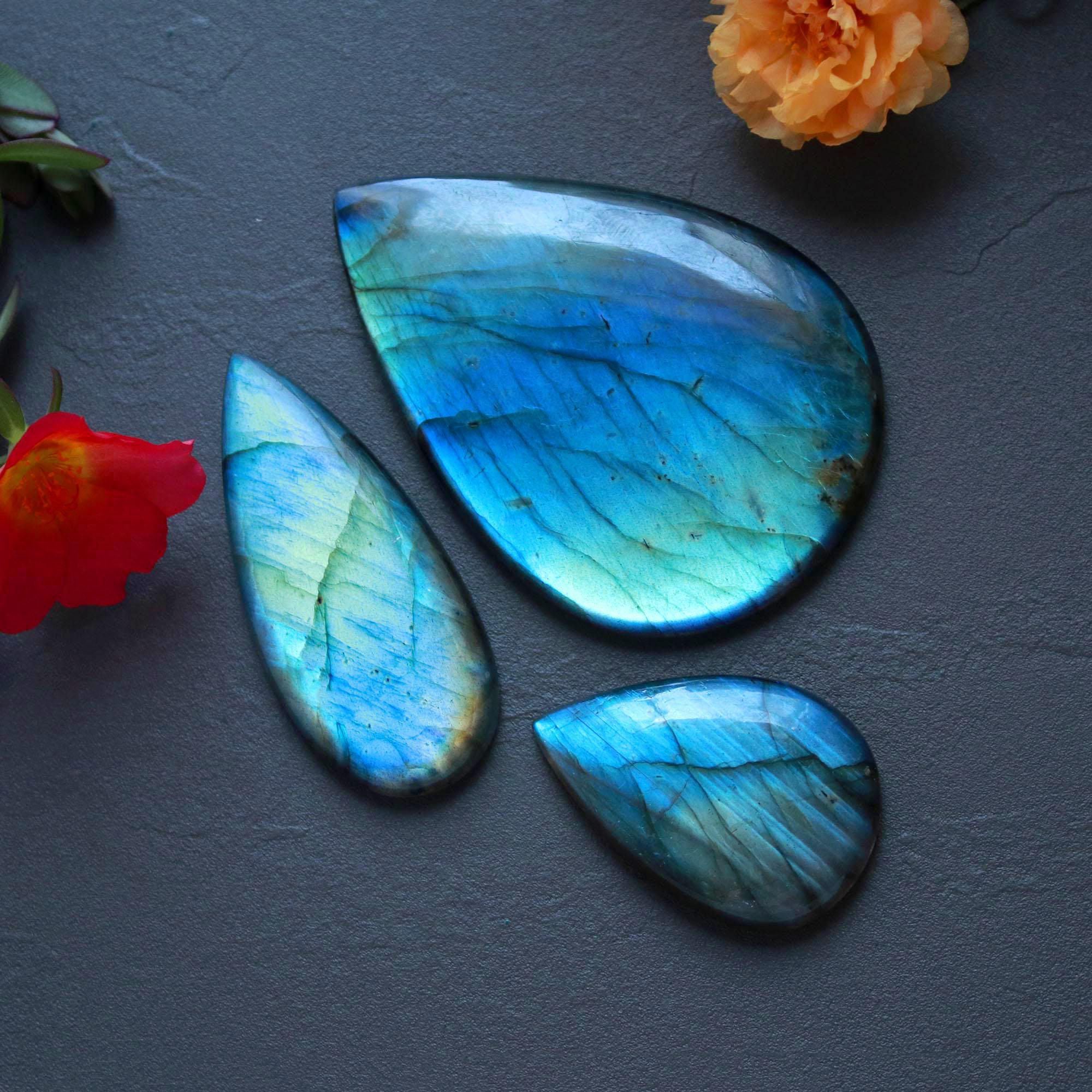 3Pcs 259Ct Natural Labradorite Mixed Shape Cabochon Loose Semi-Precious Multi Fire Crystal Gemstone Lot 66x45 37x24mm 16569