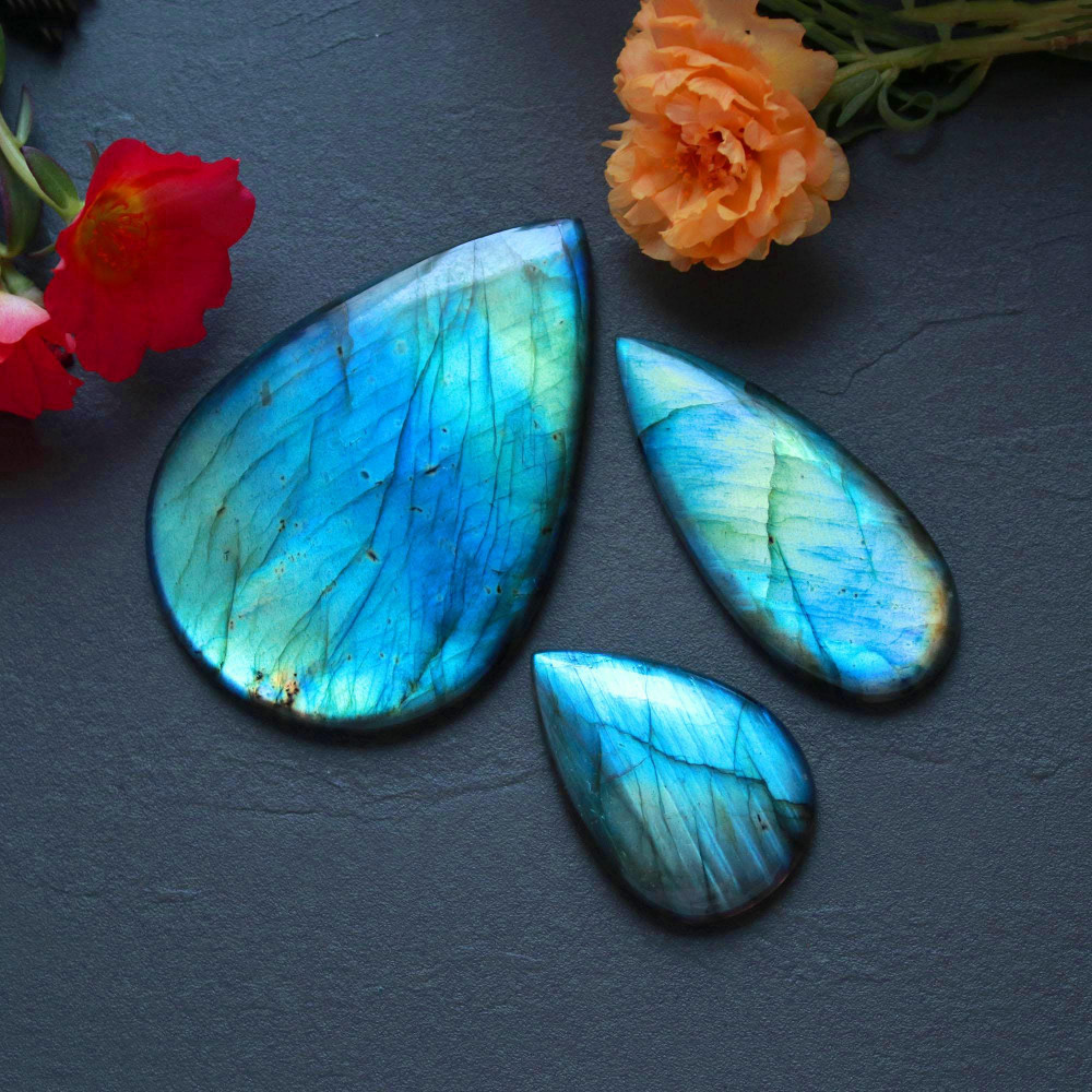 Image of 3Pcs 259Ct Natural Labradorite Mixed Shape Cabochon Loose Semi-Precious Multi Fire Crystal Gemstone Lot 66x45 37x24mm #16569