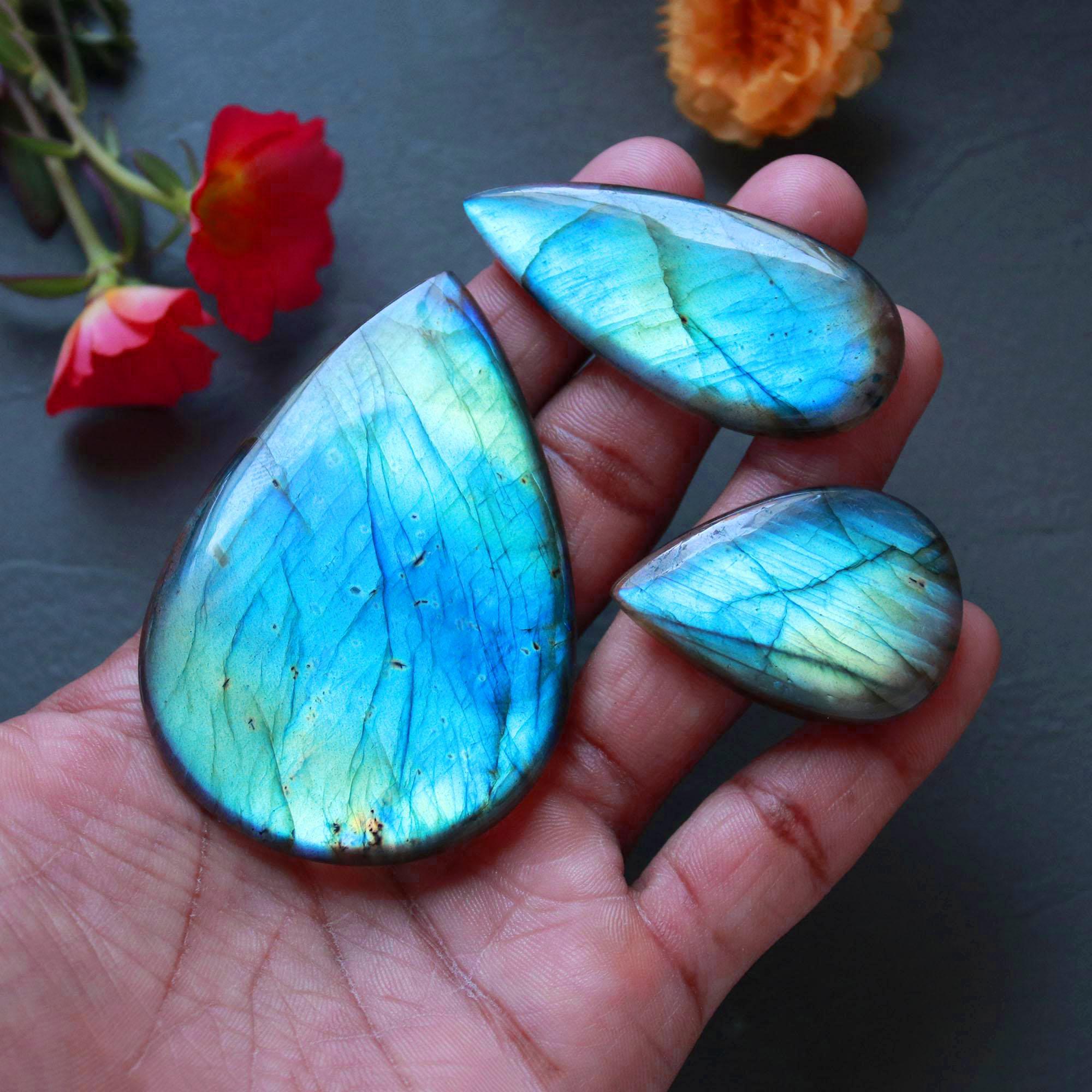 3Pcs 259Ct Natural Labradorite Mixed Shape Cabochon Loose Semi-Precious Multi Fire Crystal Gemstone Lot 66x45 37x24mm 16569