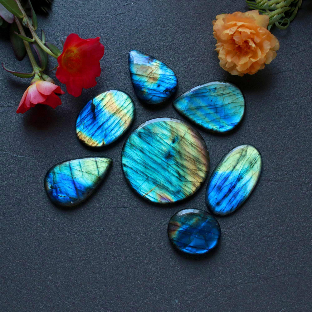 Image of 7Pcs 249Ct Natural Labradorite Mixed Shape Cabochon Loose Semi-Precious Multi Fire Crystal Gemstone Lot 39x39 23x20mm #16573