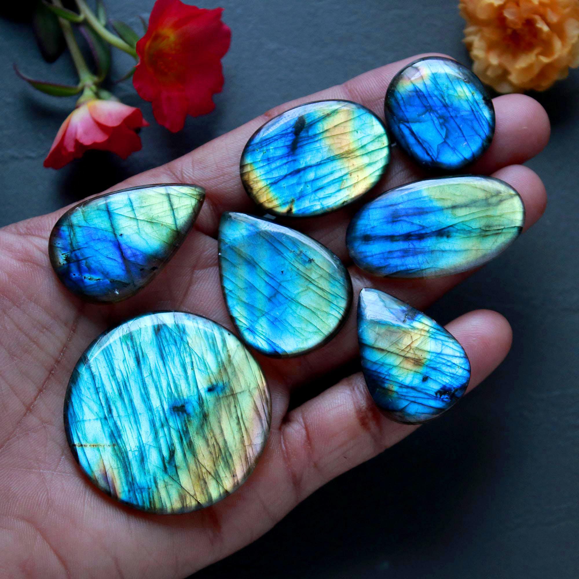 7Pcs 249Ct Natural Labradorite Mixed Shape Cabochon Loose Semi-Precious Multi Fire Crystal Gemstone Lot 39x39 23x20mm 16573