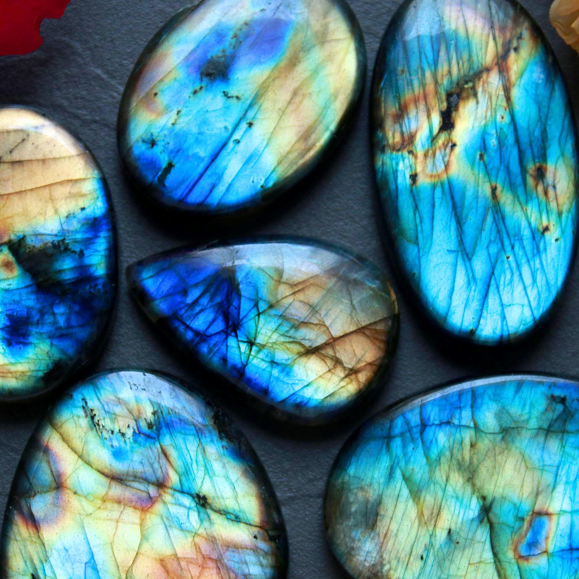 6Pcs 348Ct Natural Labradorite Mixed Shape Cabochon Loose Semi-Precious Multi Fire Crystal Gemstone Lot 43x23 32x23mm 16574