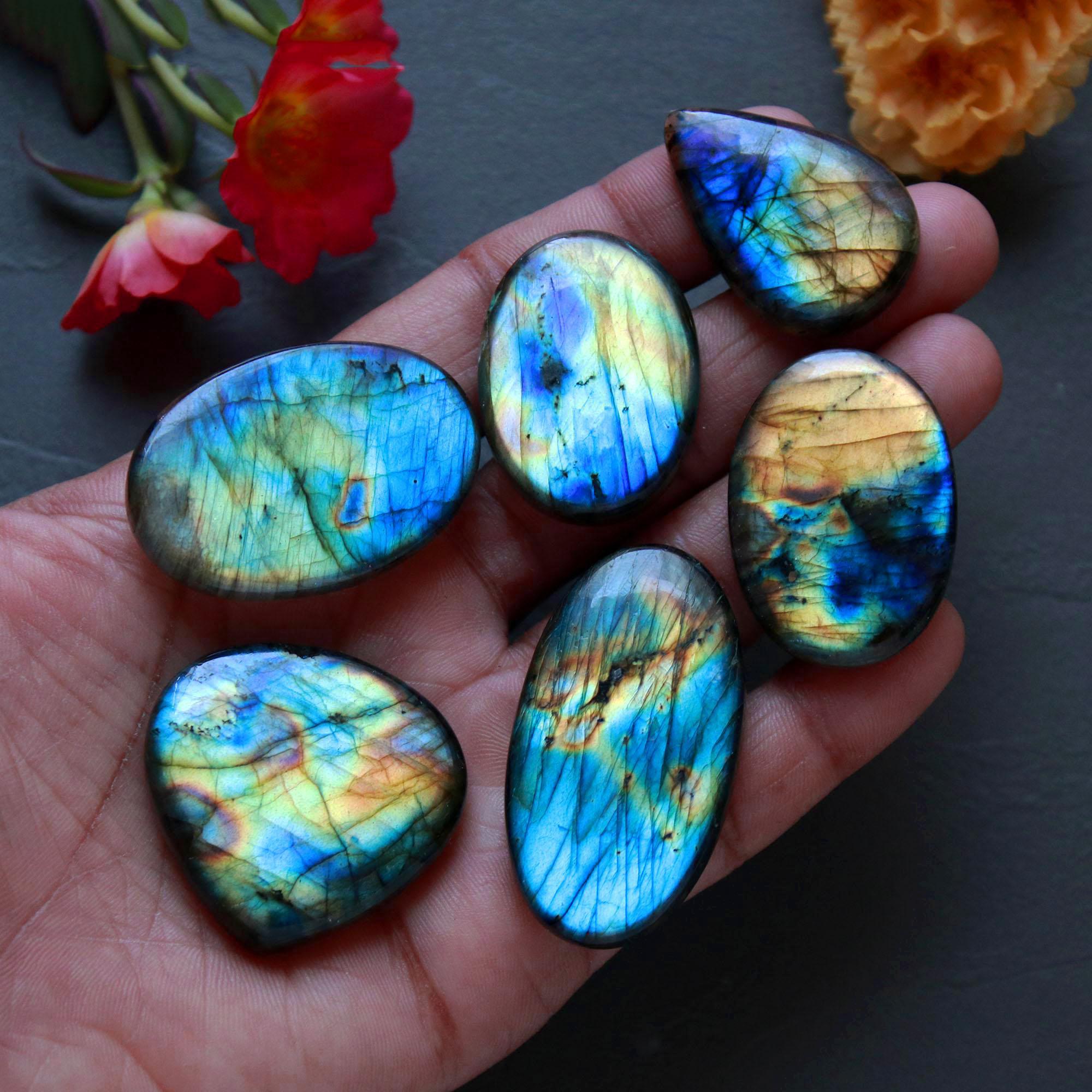 6Pcs 348Ct Natural Labradorite Mixed Shape Cabochon Loose Semi-Precious Multi Fire Crystal Gemstone Lot 43x23 32x23mm 16574
