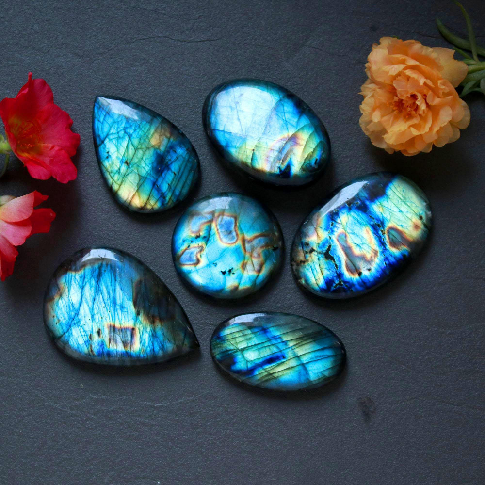Image of 6Pcs 305Ct Natural Labradorite Mixed Shape Cabochon Loose Semi-Precious Multi Fire Crystal Gemstone Lot 42x30 27x27mm #16575