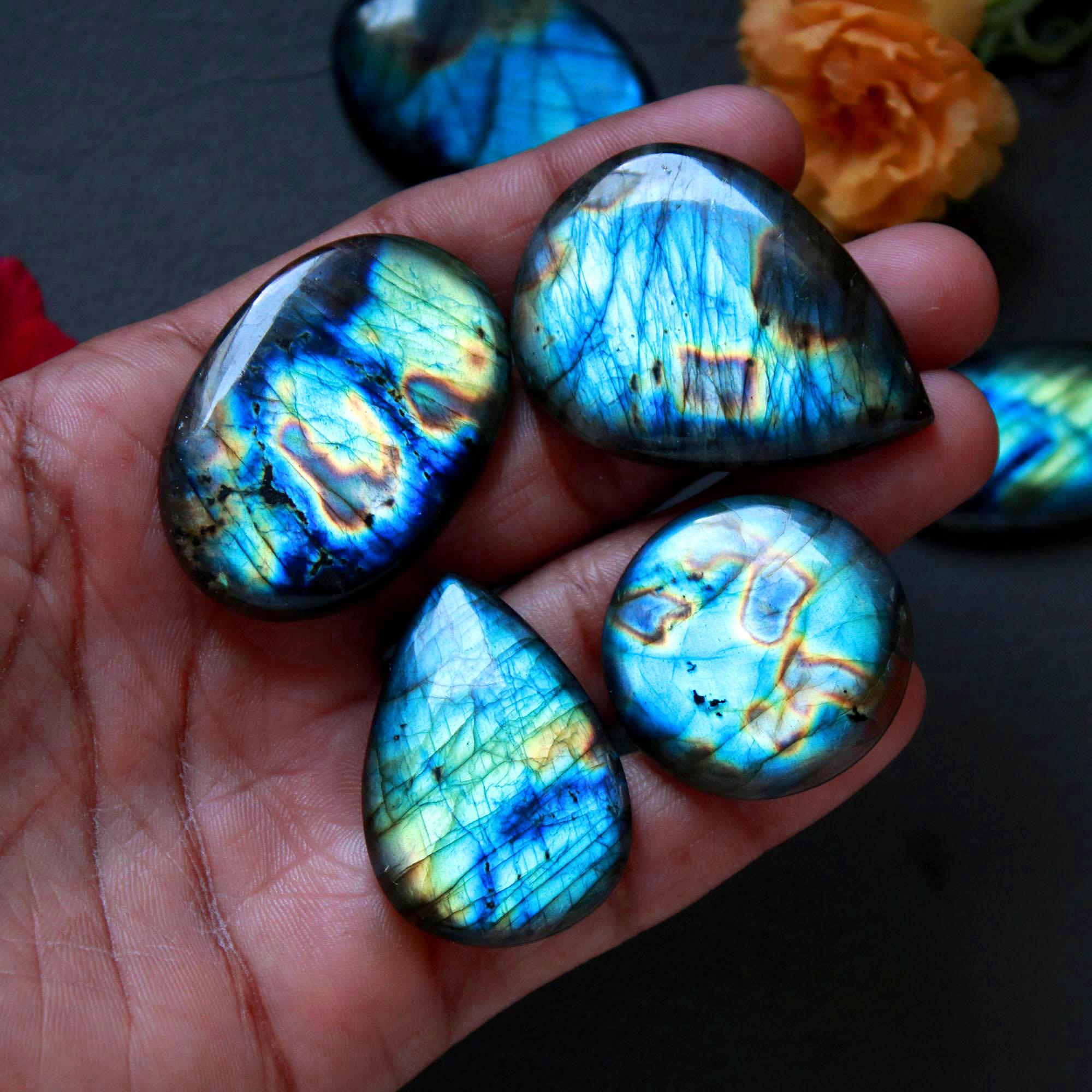 6Pcs 305Ct Natural Labradorite Mixed Shape Cabochon Loose Semi-Precious Multi Fire Crystal Gemstone Lot 42x30 27x27mm 16575