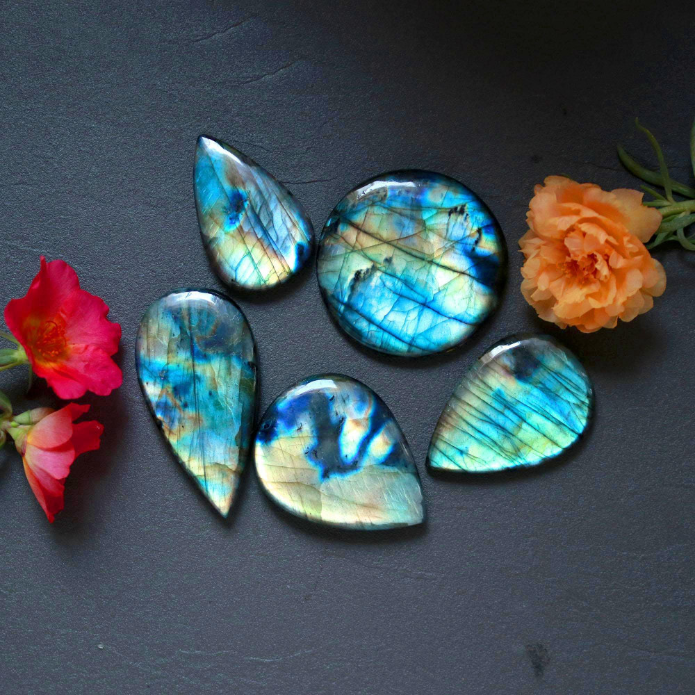 Image of 5Pcs 287Ct Natural Labradorite Mixed Shape Cabochon Loose Semi-Precious Multi Fire Crystal Gemstone Lot 38x38 34x20mm #16576