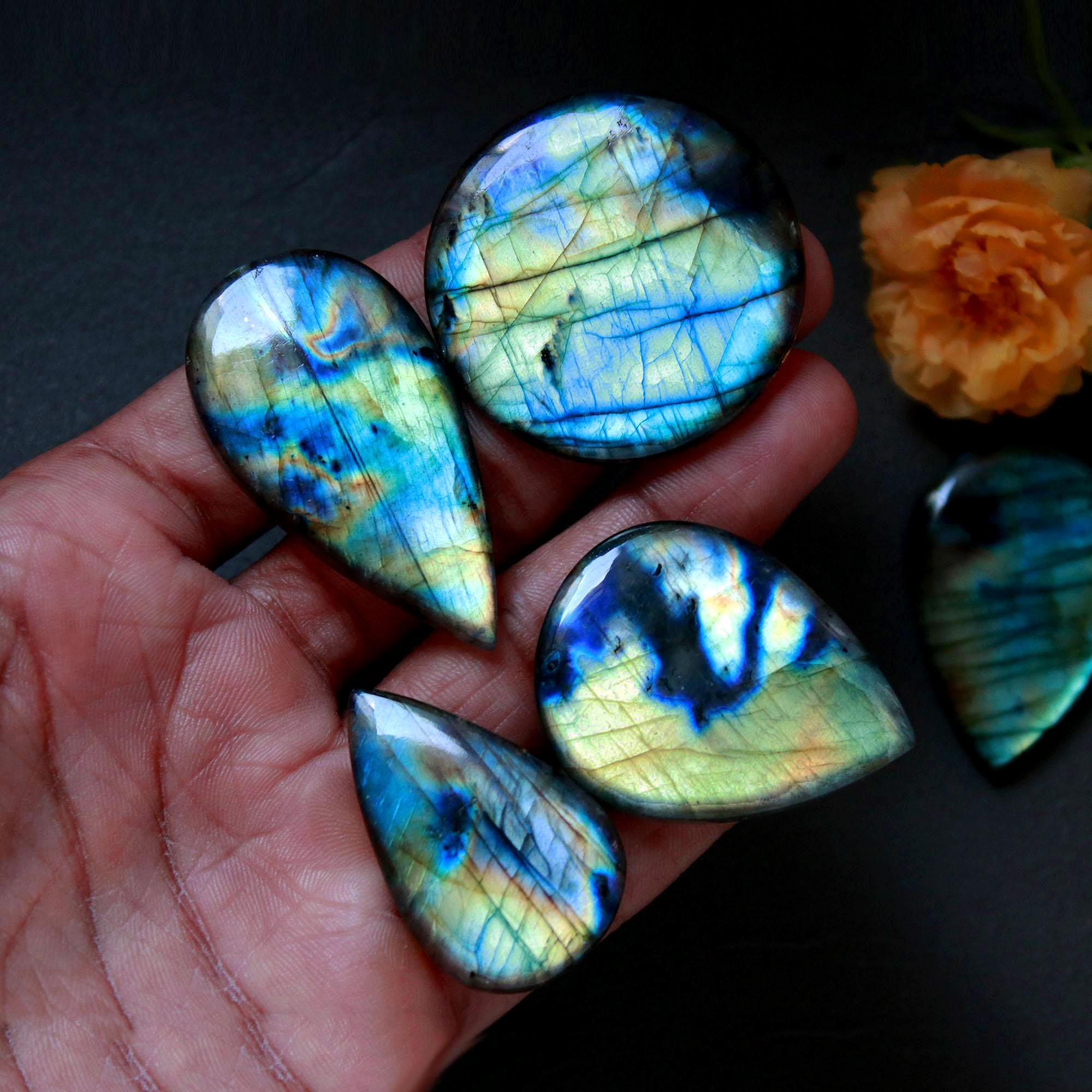 5Pcs 287Ct Natural Labradorite Mixed Shape Cabochon Loose Semi-Precious Multi Fire Crystal Gemstone Lot 38x38 34x20mm 16576