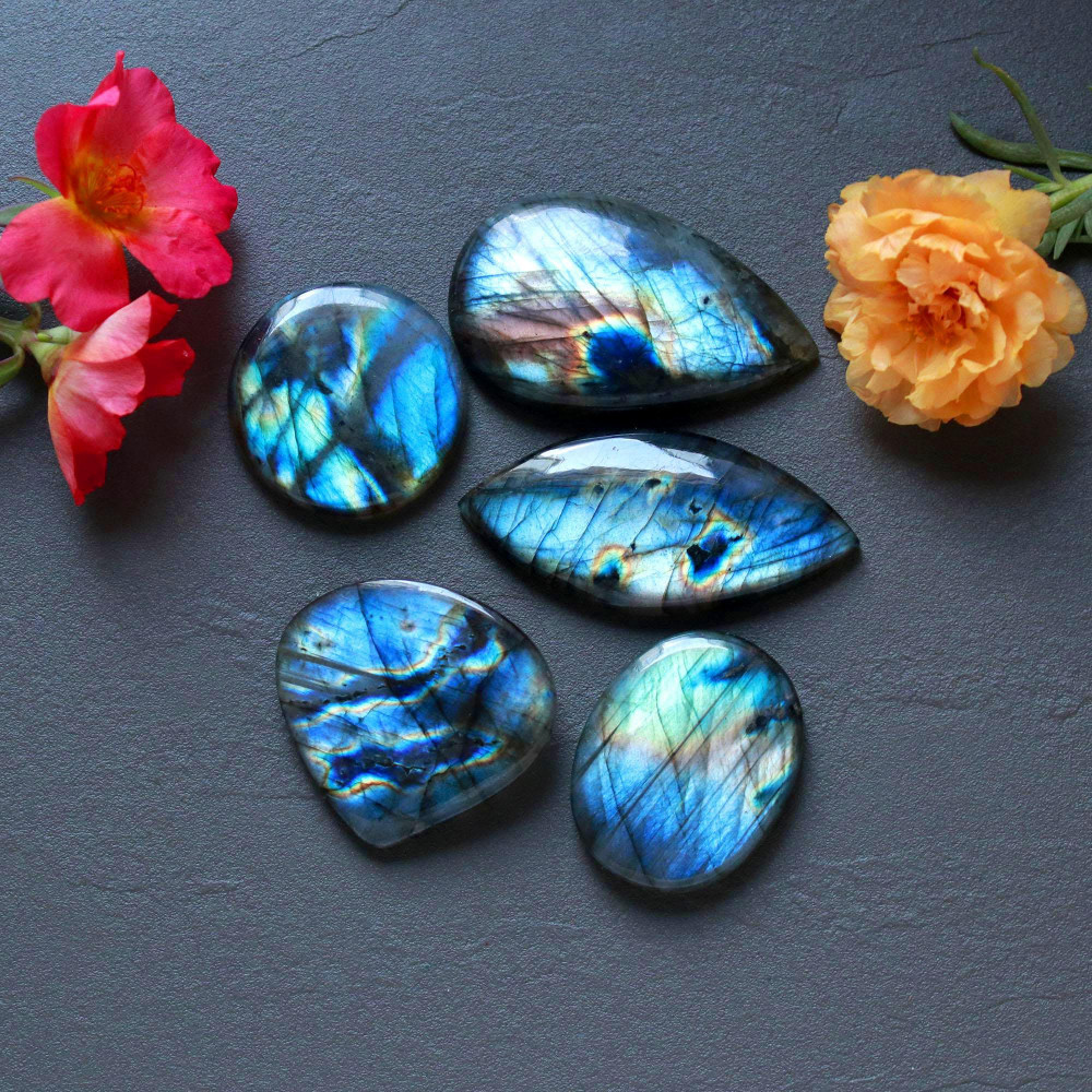 Image of 5Pcs 236Ct Natural Labradorite Mixed Shape Cabochon Loose Semi-Precious Multi Fire Crystal Gemstone Lot 45x20 25x25mm #16578