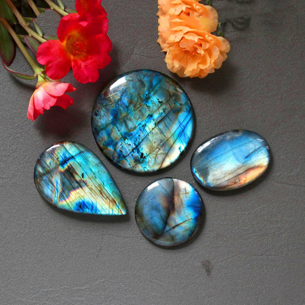 Image of 4Pcs 282Ct Natural Labradorite Mixed Shape Cabochon Loose Semi-Precious Multi Fire Crystal Gemstone Lot 44x44 29x29mm #16580