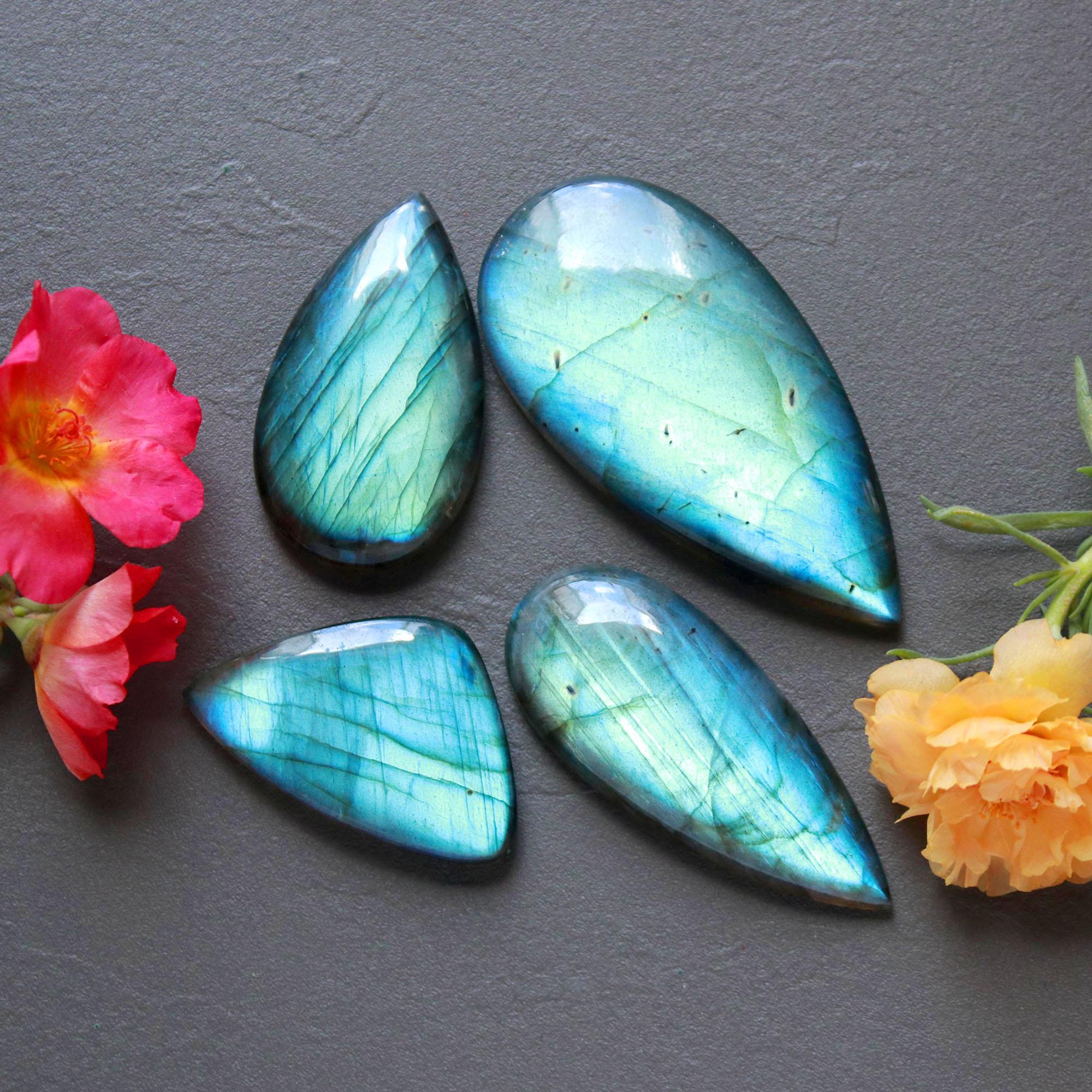 4Pcs 282Ct Natural Labradorite Mixed Shape Cabochon Loose Semi-Precious Multi Fire Crystal Gemstone Lot 60x30 38x24mm 16581