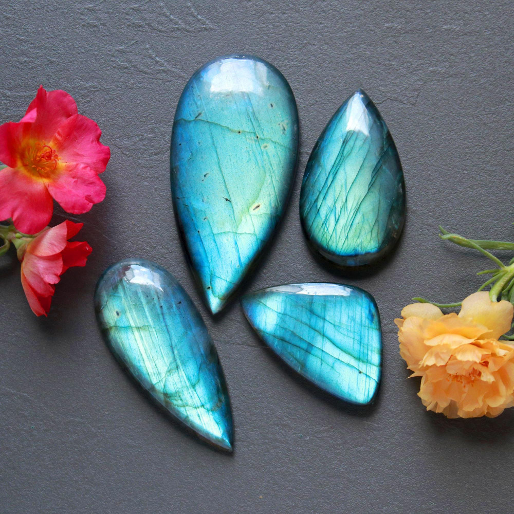Image of 4Pcs 282Ct Natural Labradorite Mixed Shape Cabochon Loose Semi-Precious Multi Fire Crystal Gemstone Lot 60x30 38x24mm #16581