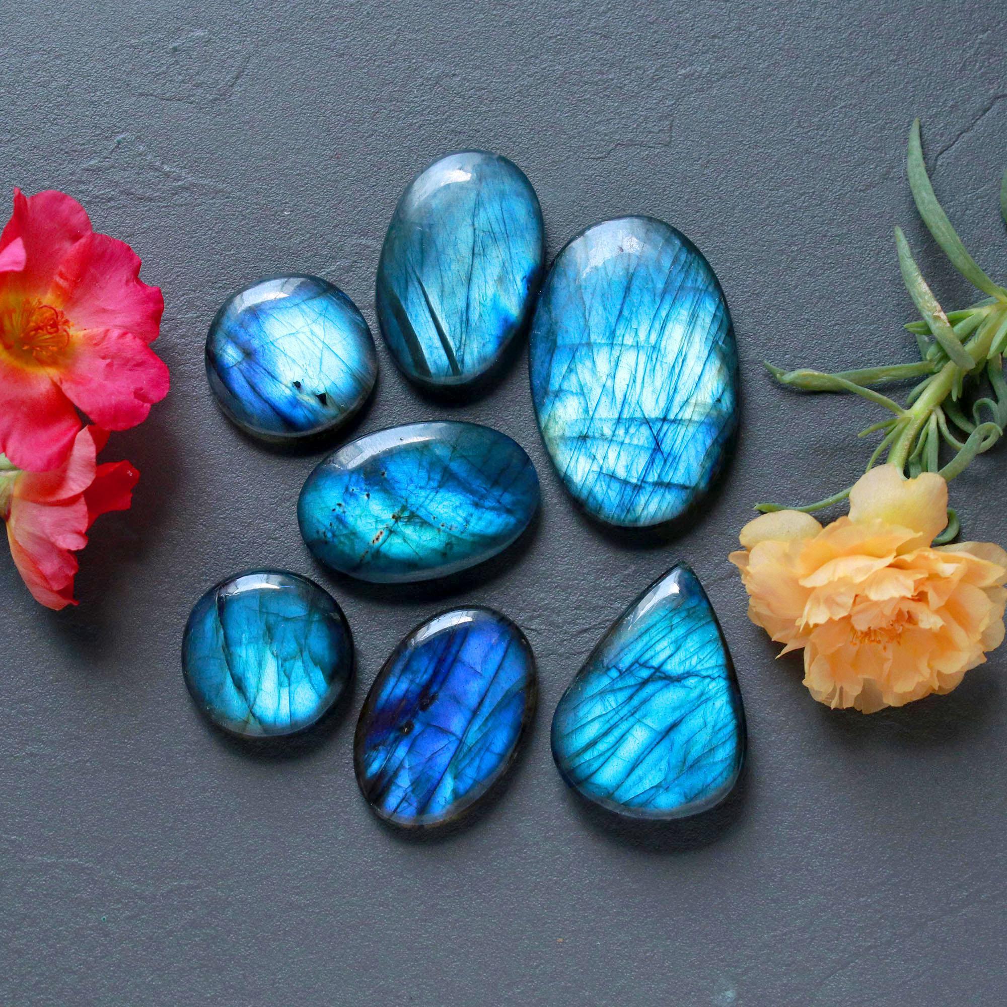 7Pcs 245Ct Natural Labradorite Mixed Shape Cabochon Loose Semi-Precious Multi Fire Crystal Gemstone Lot 38x24 20x20mm 16582