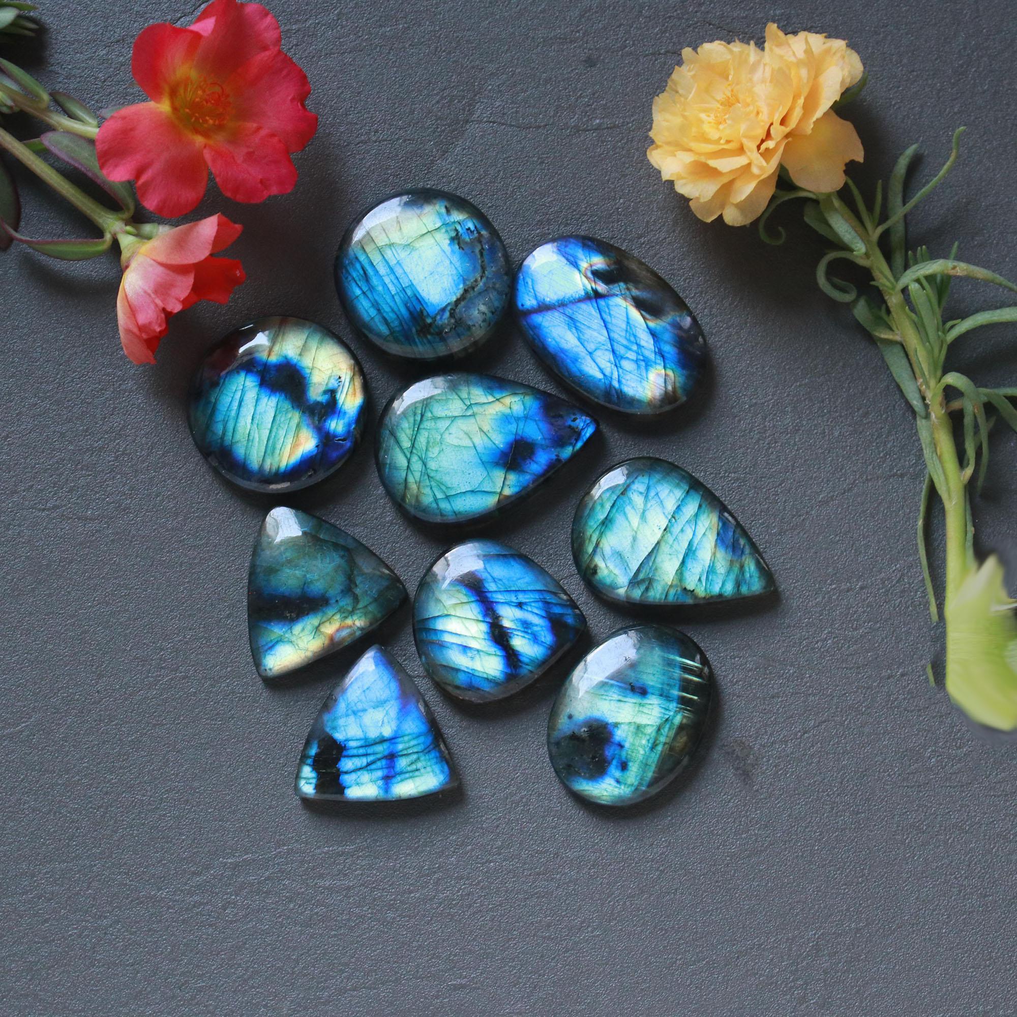 9Pcs 252Ct Natural Labradorite Mixed Shape Cabochon Loose Semi-Precious Multi Fire Crystal Gemstone Lot 30x20 24x24mm 16583