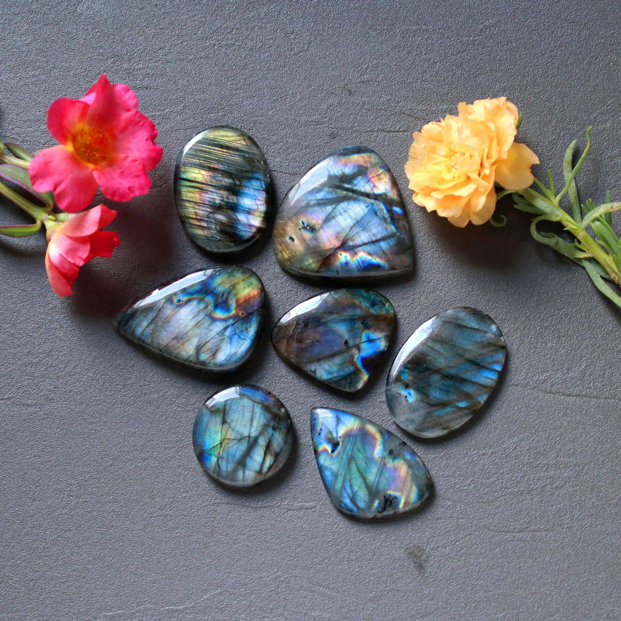 7Pcs 241Ct Natural Labradorite Mixed Shape Cabochon Loose Semi-Precious Multi Fire Crystal Gemstone Lot 34x34 21x21mm 16584