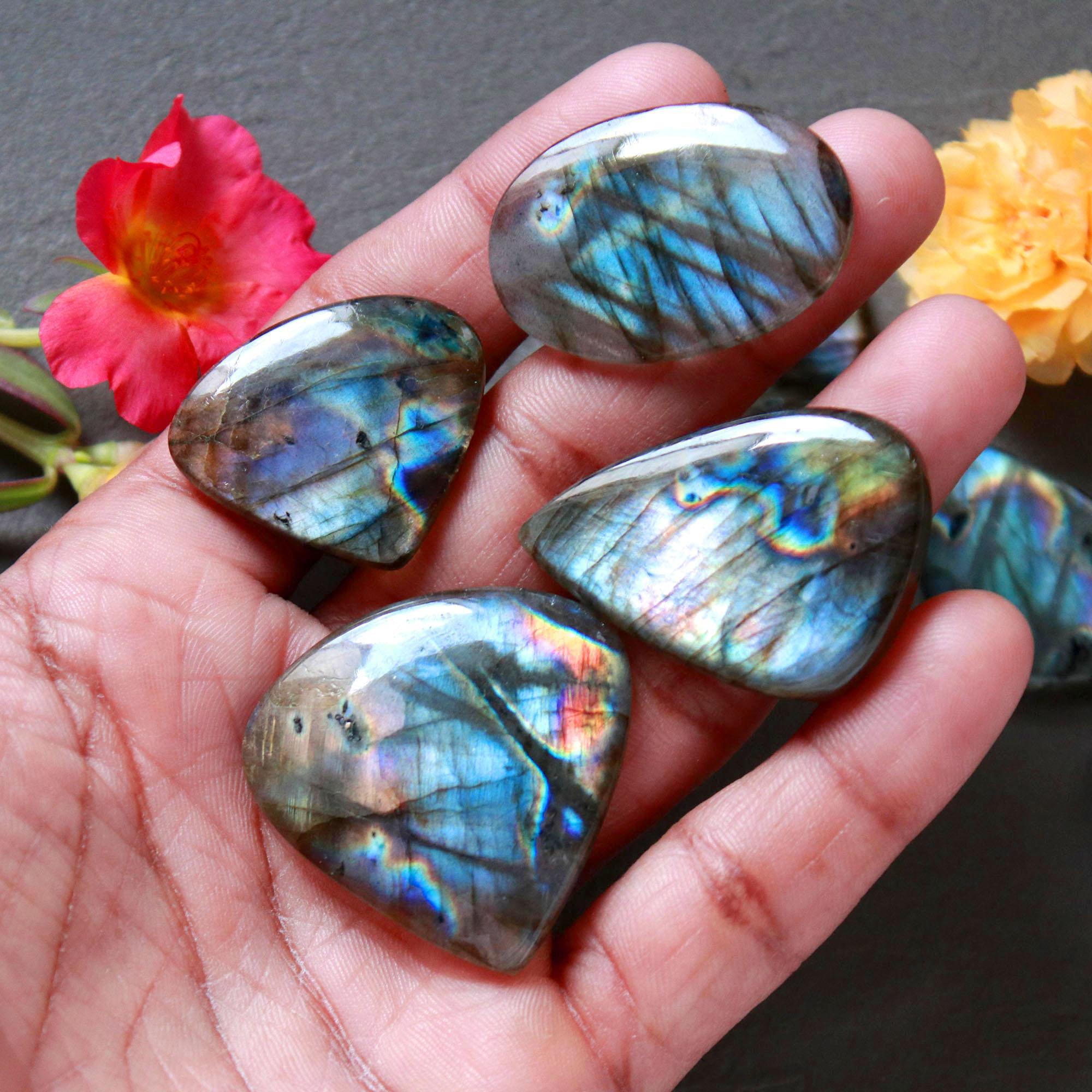 7Pcs 241Ct Natural Labradorite Mixed Shape Cabochon Loose Semi-Precious Multi Fire Crystal Gemstone Lot 34x34 21x21mm 16584