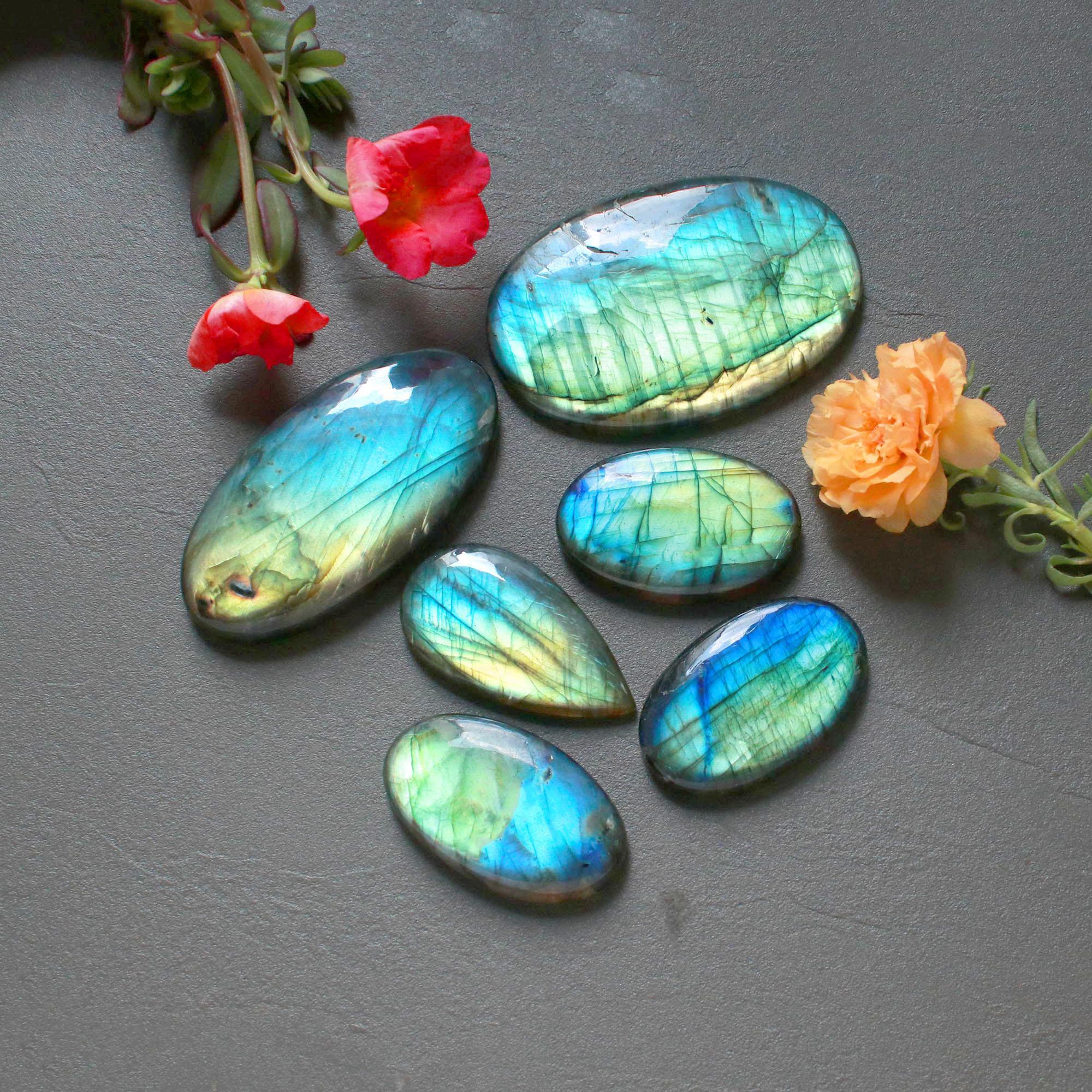 6Pcs 482Ct Natural Labradorite Mixed Shape Cabochon Loose Semi-Precious Multi Fire Crystal Gemstone Lot 60x36 36x23mm 16588