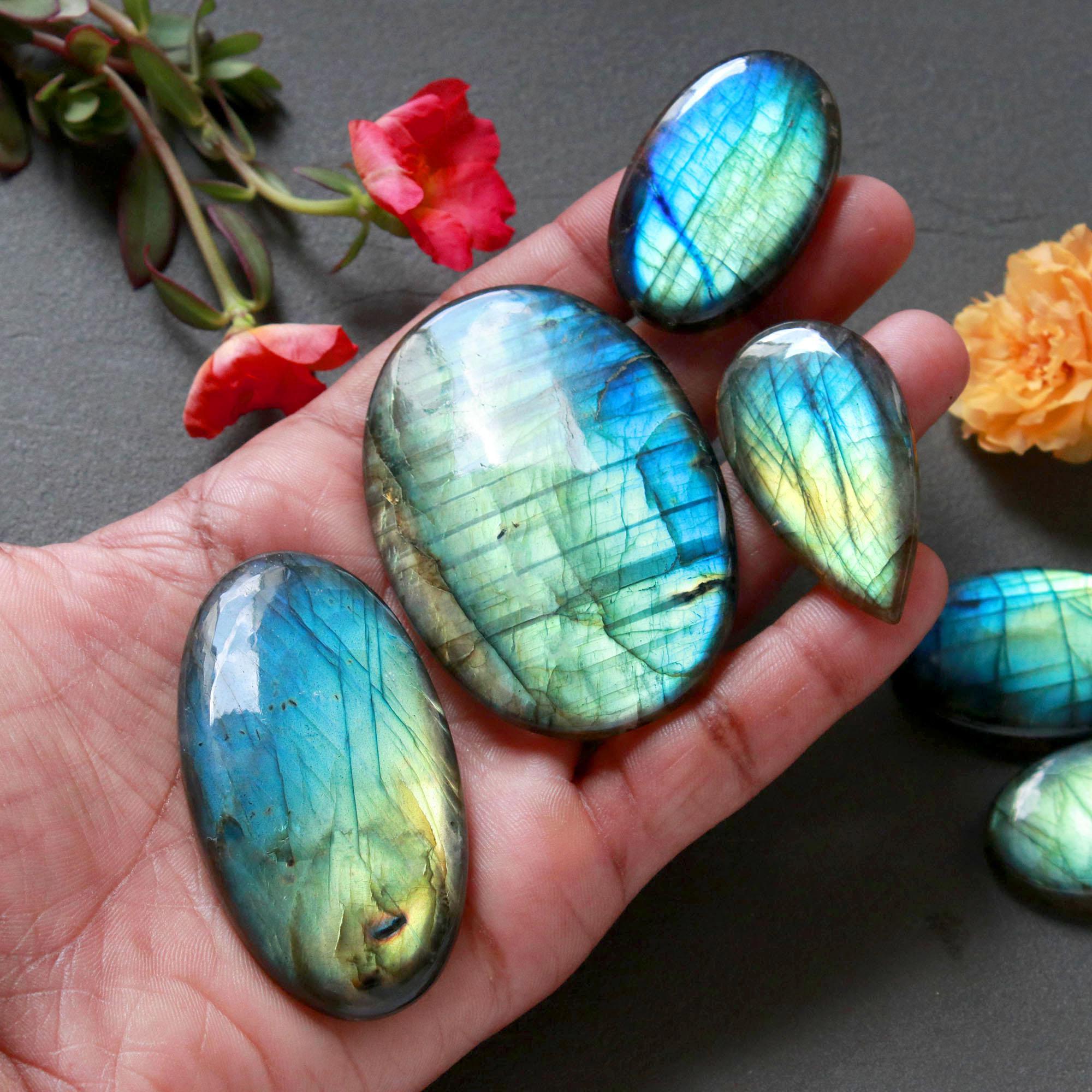 6Pcs 482Ct Natural Labradorite Mixed Shape Cabochon Loose Semi-Precious Multi Fire Crystal Gemstone Lot 60x36 36x23mm 16588