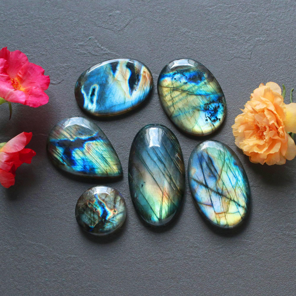 Image of 6Pcs 248Ct Natural Labradorite Mixed Shape Cabochon Loose Semi-Precious Multi Fire Crystal Gemstone Lot 40x20 19x19mm #16589