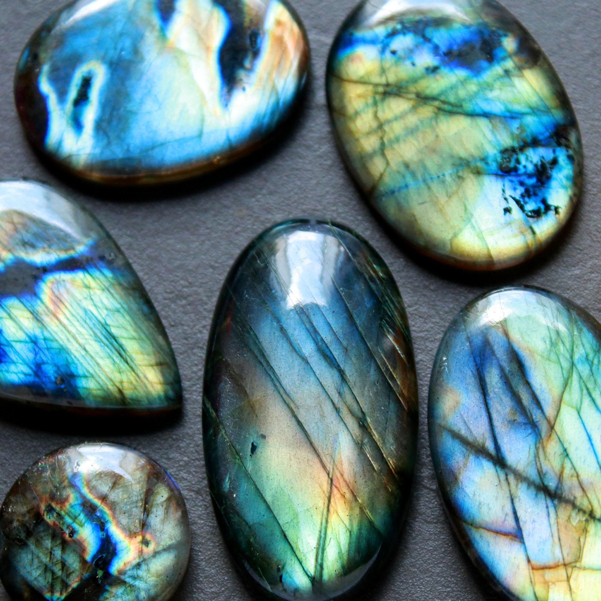 6Pcs 248Ct Natural Labradorite Mixed Shape Cabochon Loose Semi-Precious Multi Fire Crystal Gemstone Lot 40x20 19x19mm 16589